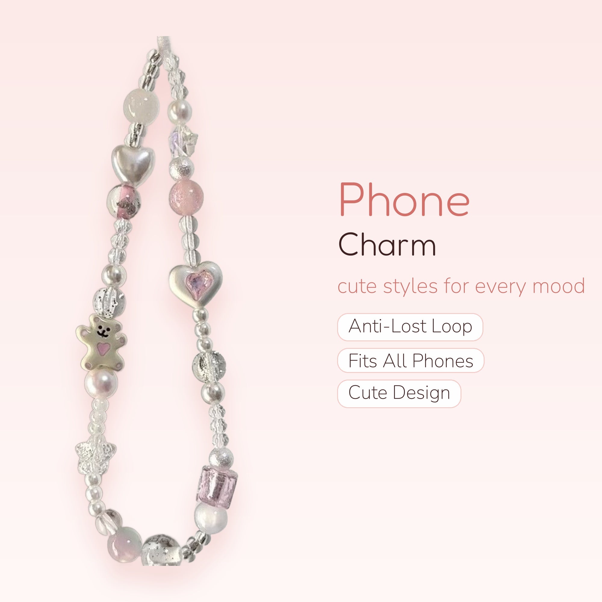 Pastel Pink & White Beaded Phone Charm | Kawaii Heart & Teddy Bear Wrist Strap