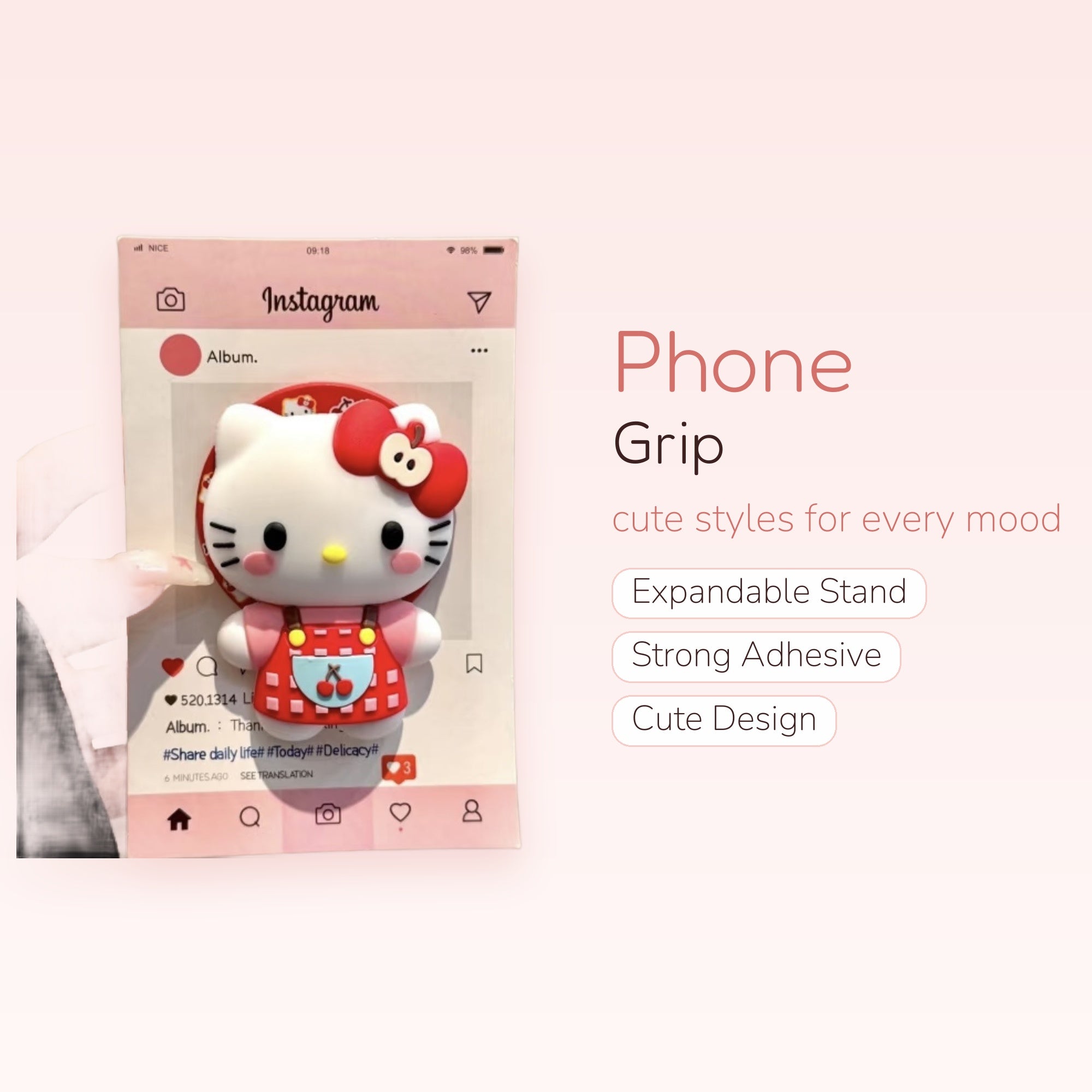 Kawaii Hello Kitty Apple Phone Grip | Cute Red Plaid Pop Socket Stand