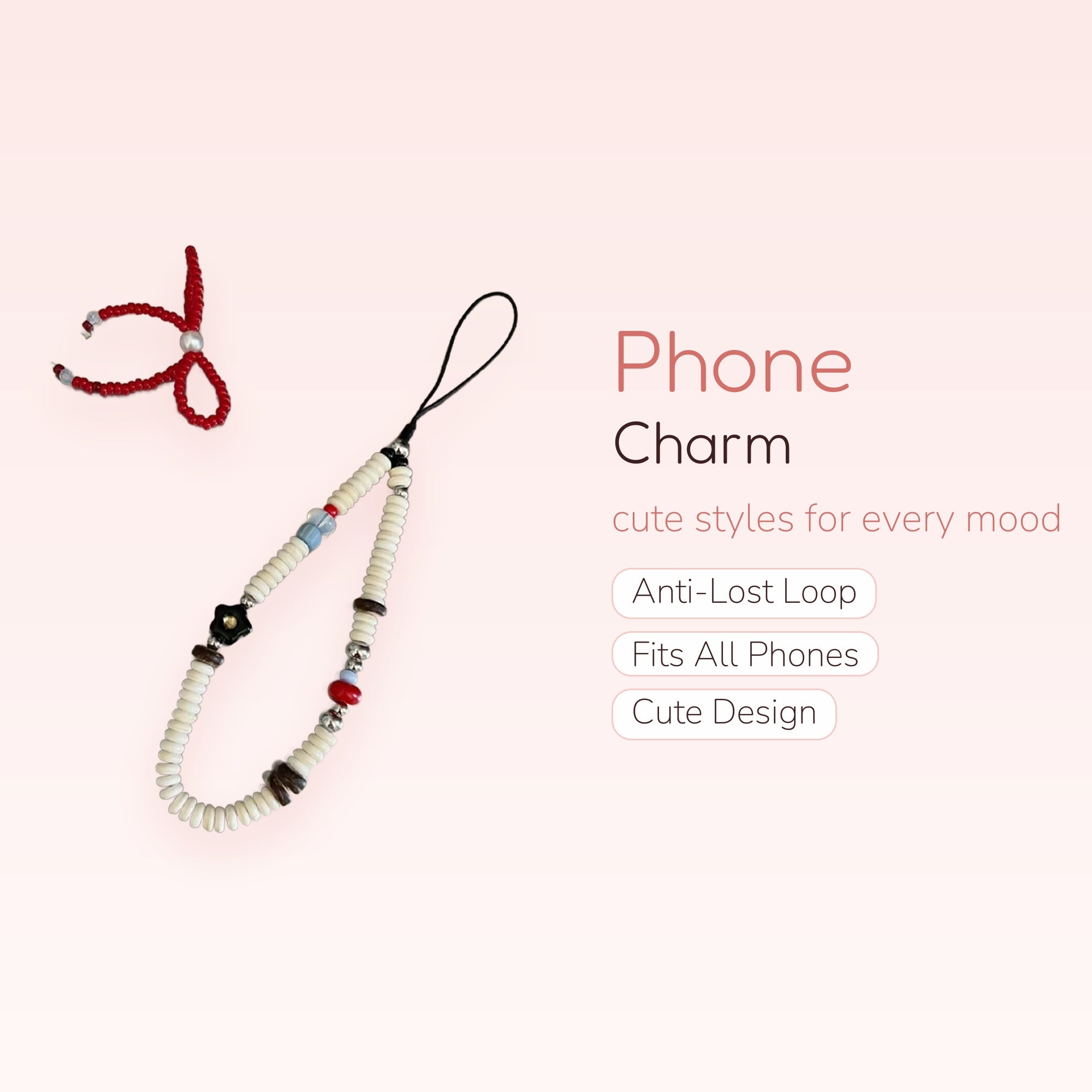 Aesthetic Beaded Phone Charm Strap | Y2K White & Red Wrist Lanyard