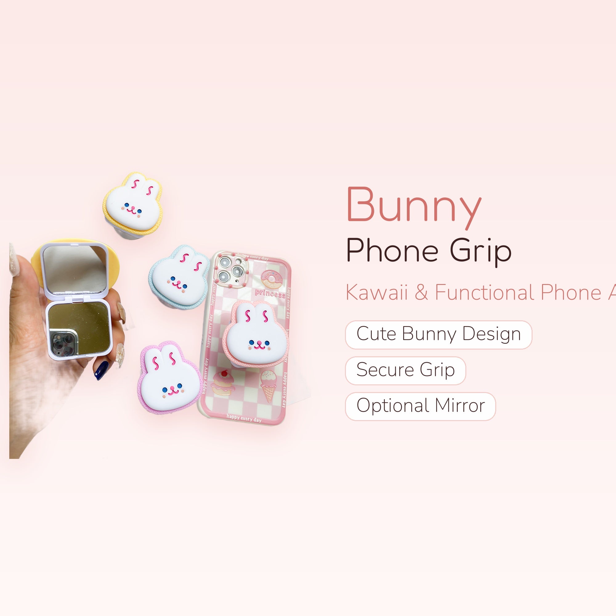 Cute Bunny Phone Grip Stand | Kawaii Pop Socket with Mirror