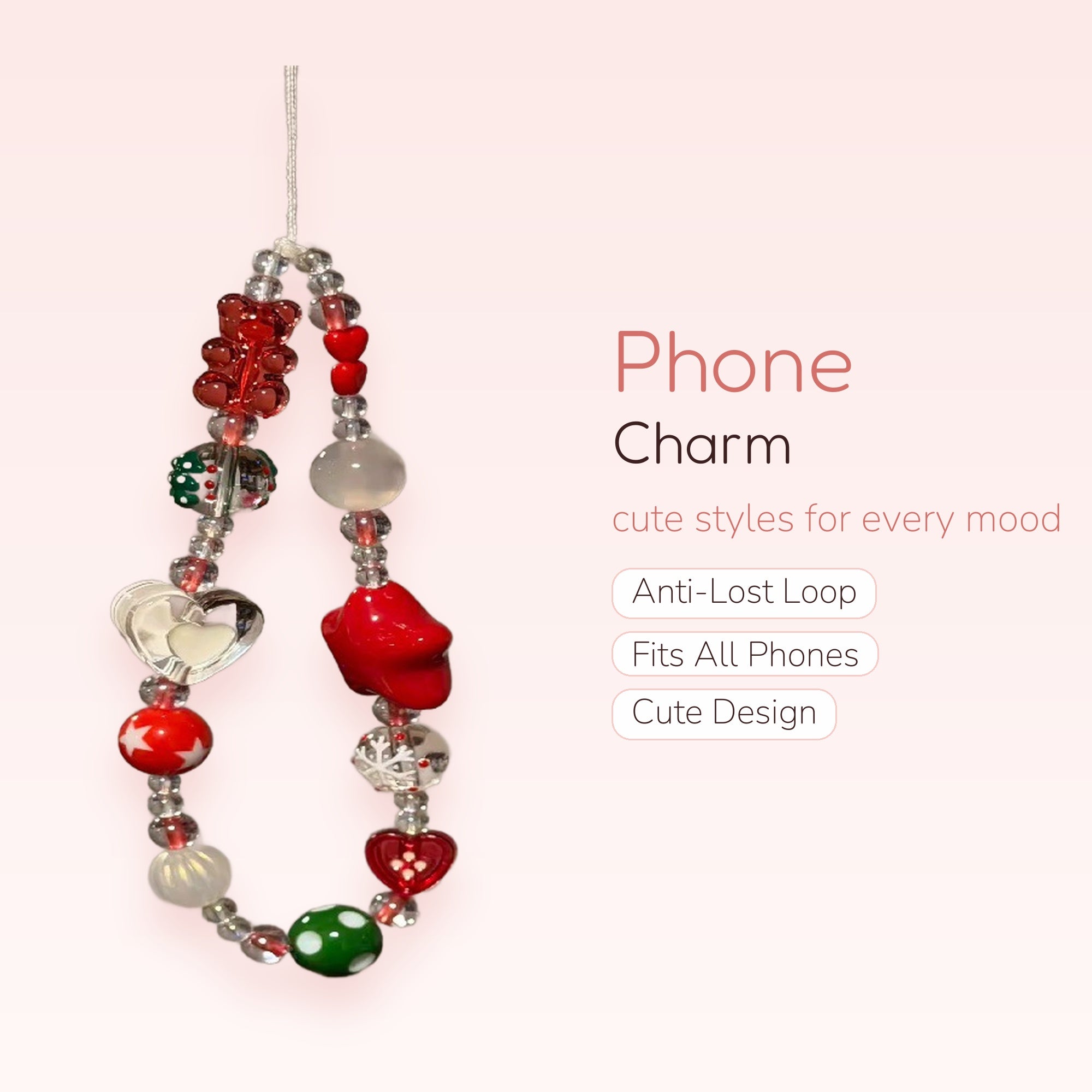 Kawaii Red & White Beaded Phone Charm Strap | Cute Gummy Bear & Heart Wrist Lanyard
