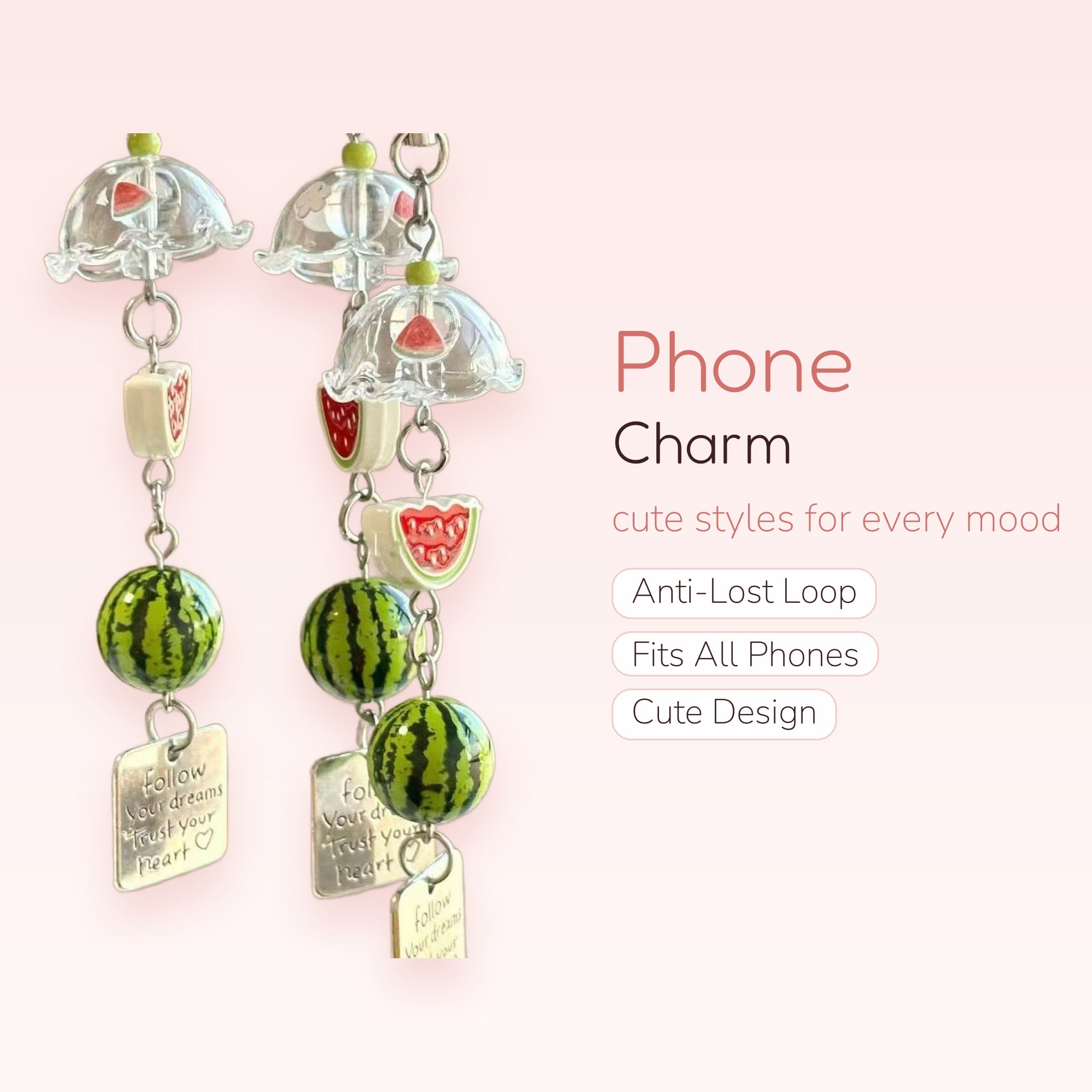 Cute Watermelon & Umbrella Phone Charm | Aesthetic Fruit Beaded Wrist Lanyard