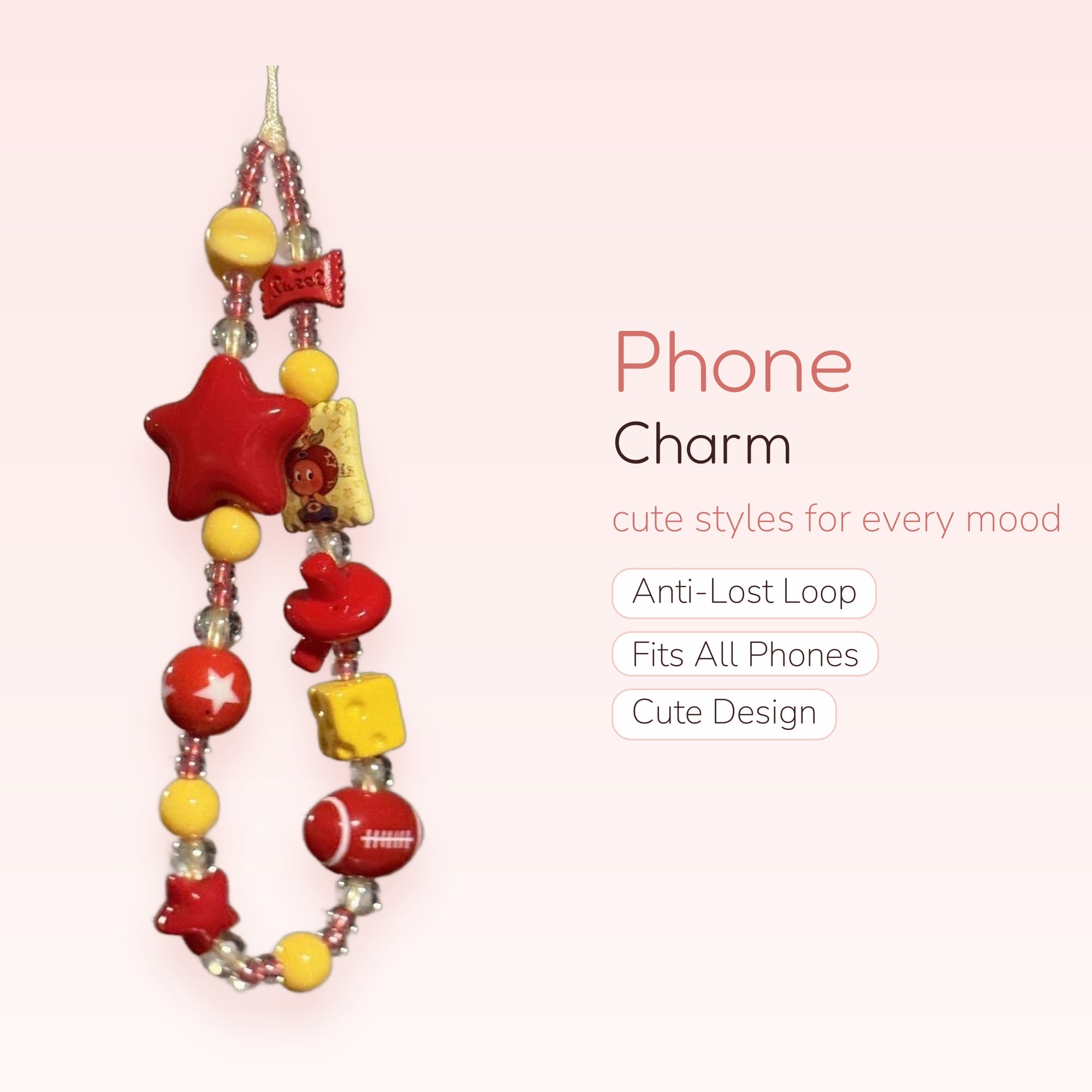 Cute Red & Yellow Beaded Phone Charm | Kawaii Star & Foodie Wrist Strap