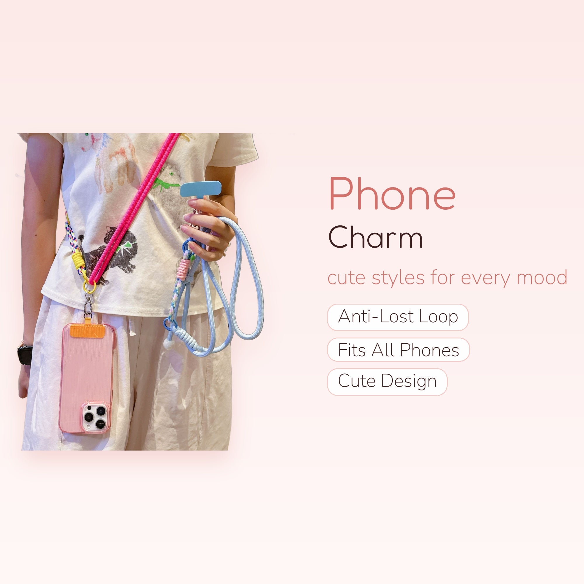 Pink & Blue Crossbody Phone Lanyard with Phone Case | Aesthetic Adjustable Strap