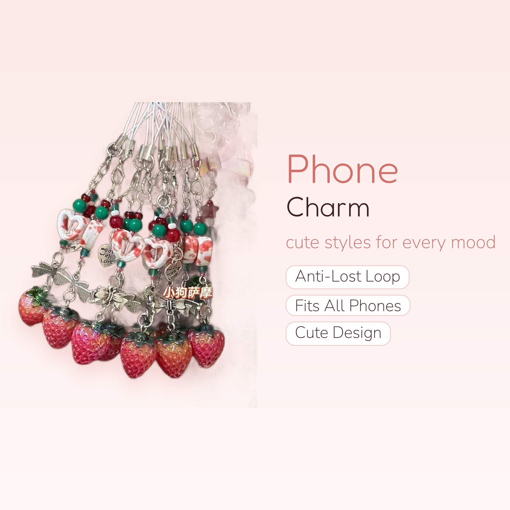 Kawaii Strawberry & Heart Phone Charm | Cute Beaded Wrist Lanyard