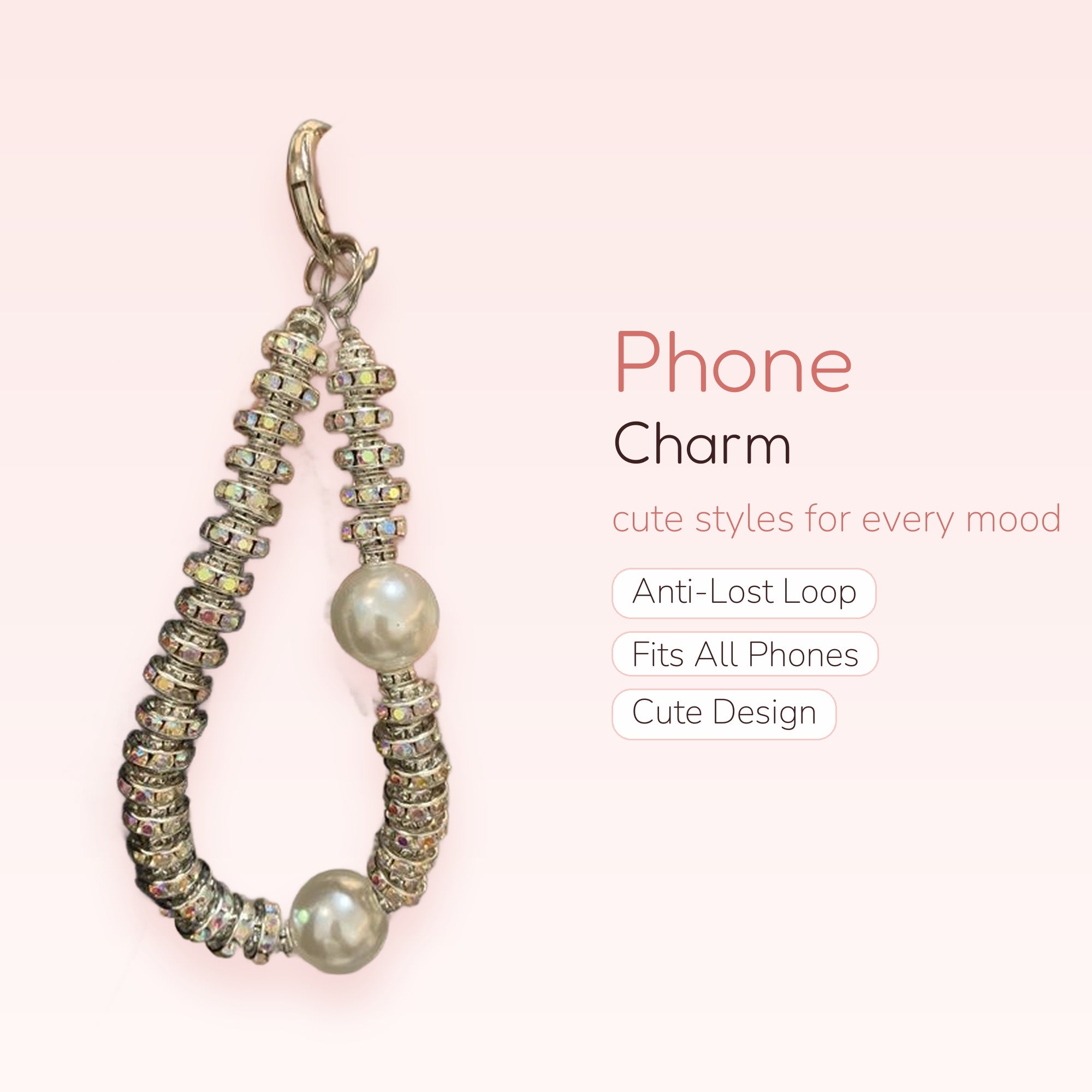SIMPLYBUBBI — Shimmering Silver & Pearl Phone Wristlet | Rhinestone Bead Lanyard