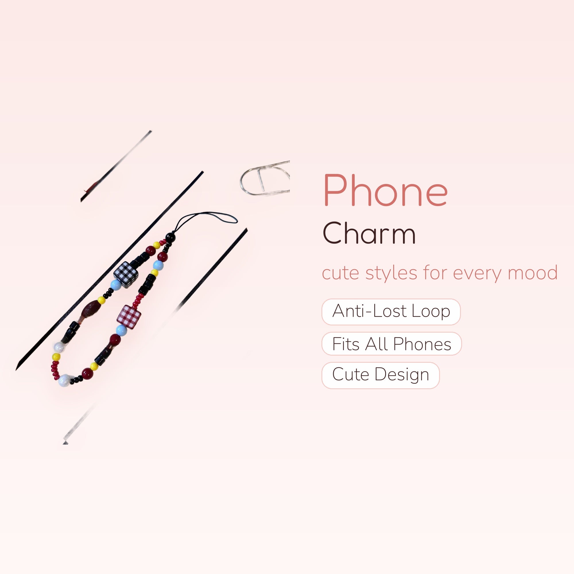 Y2K Gingham & Pearl Phone Charm | Aesthetic Beaded Wrist Lanyard