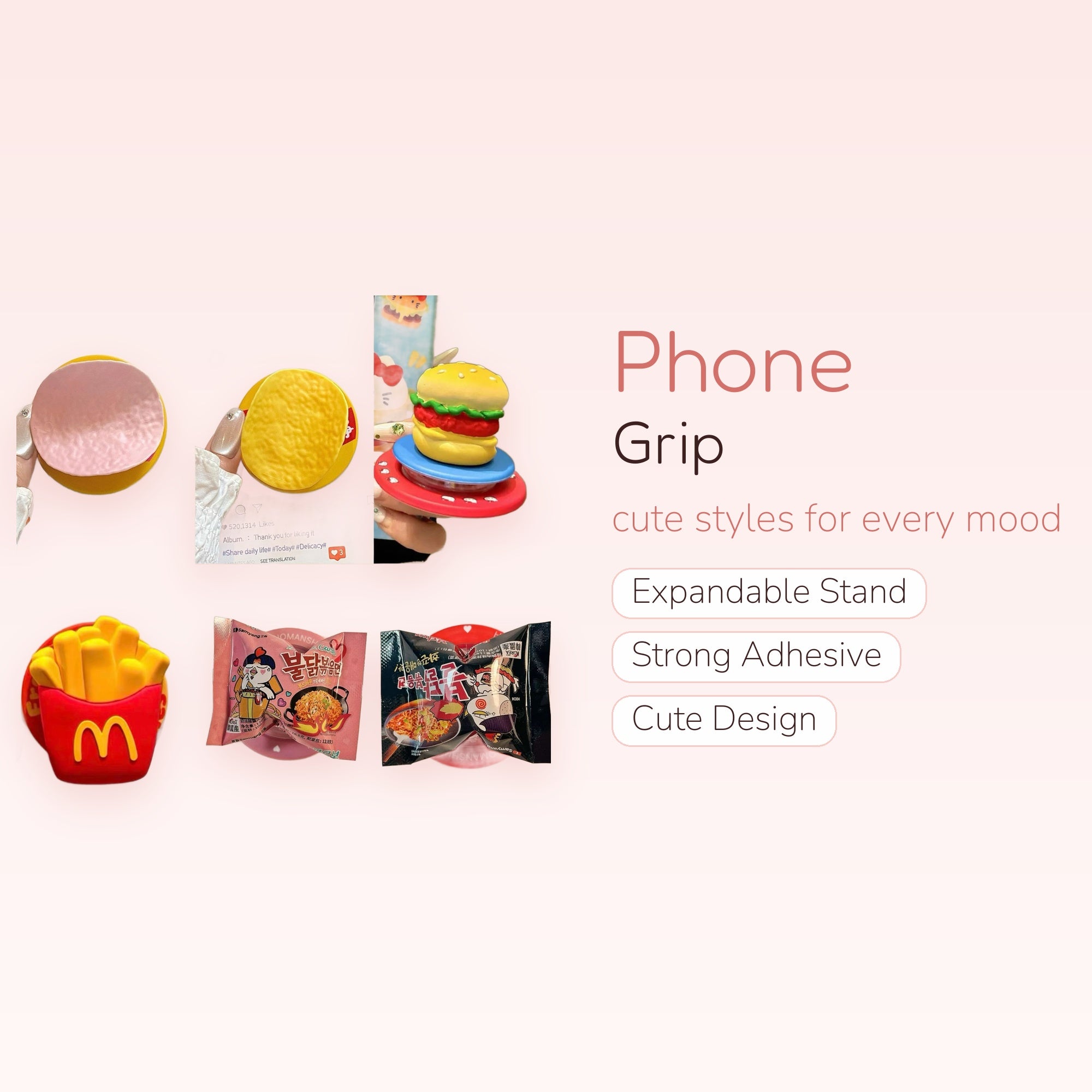 Kawaii Fast Food Phone Grips | Cute Hamburger Fries Ramen Pop Socket Stand
