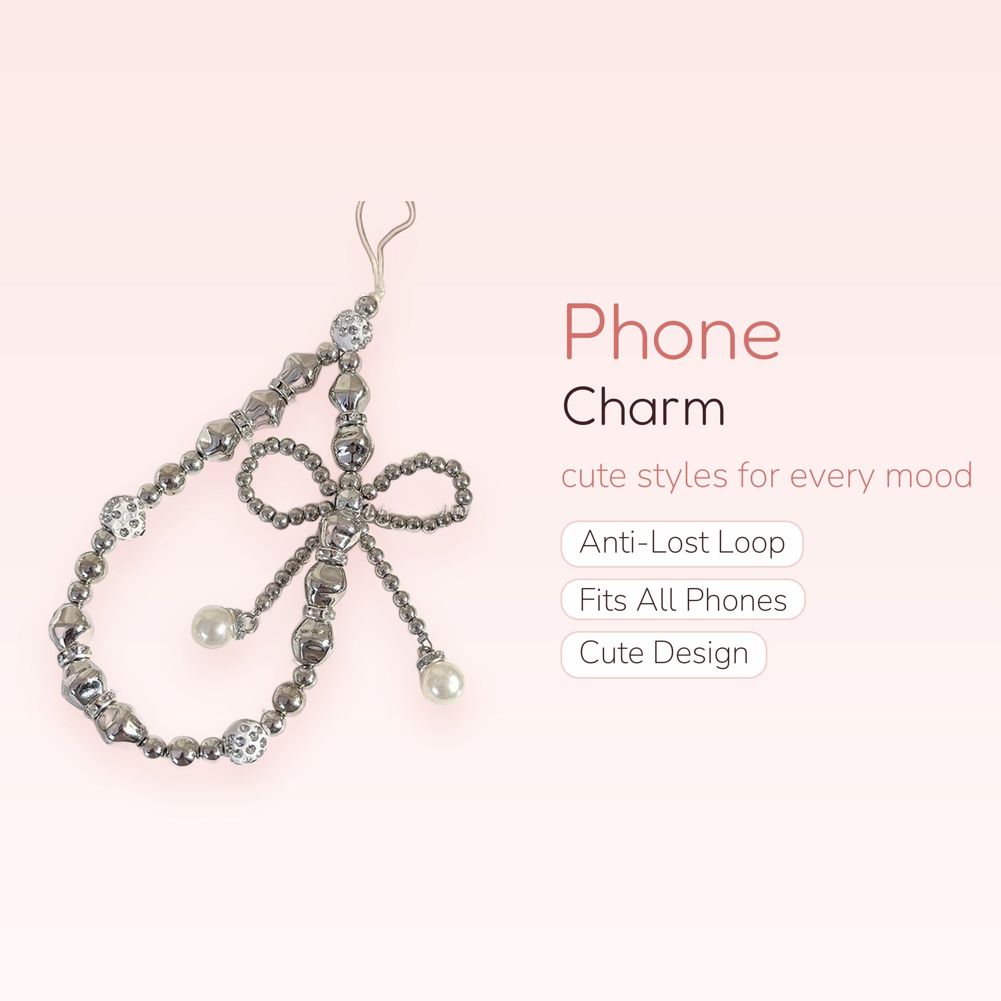 Silver Beaded Bow Phone Charm | Aesthetic Pearl Wrist Strap Lanyard