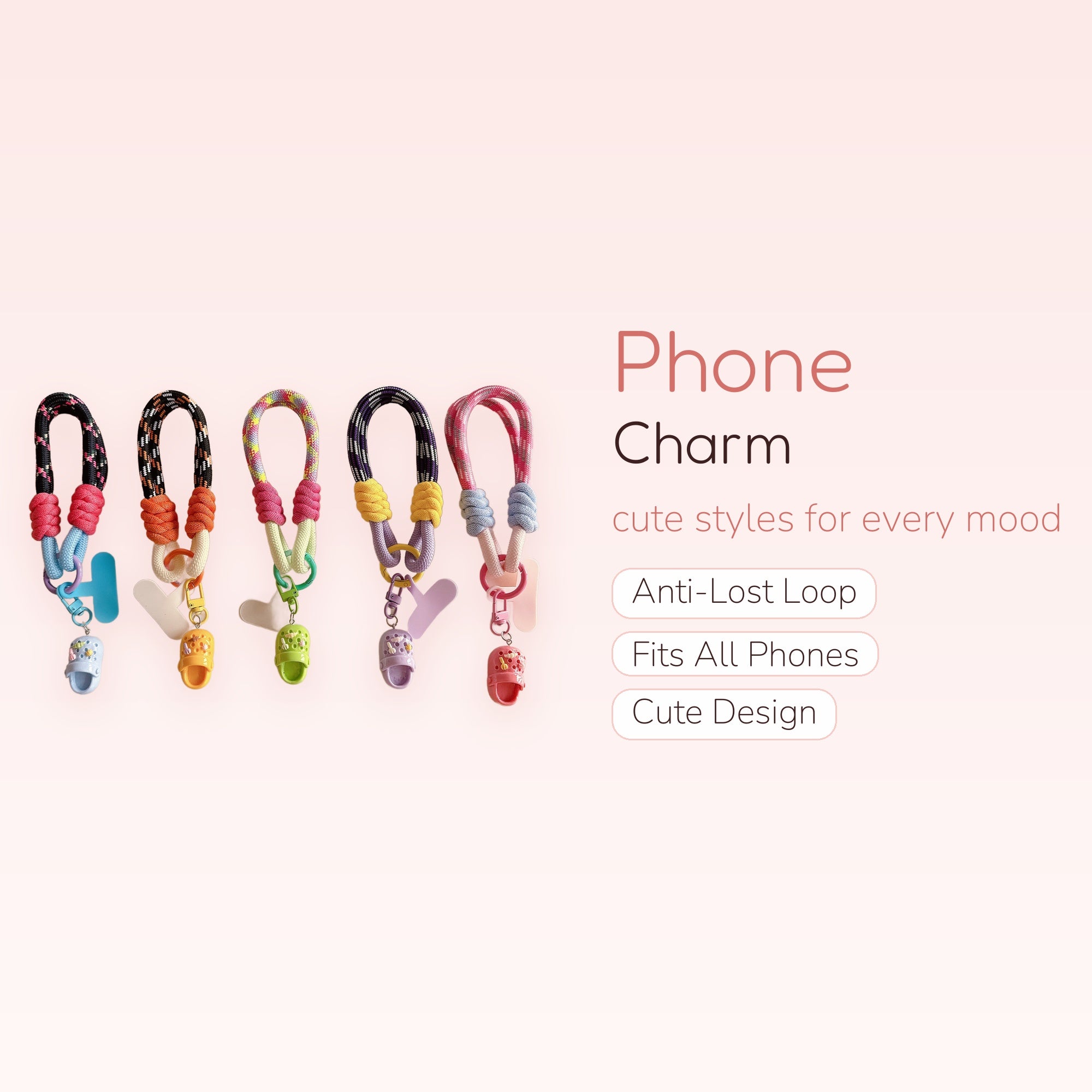 Colorful Rope Phone Charm Lanyard with Mini Clog Shoe Charm | Y2K Aesthetic Wrist Strap