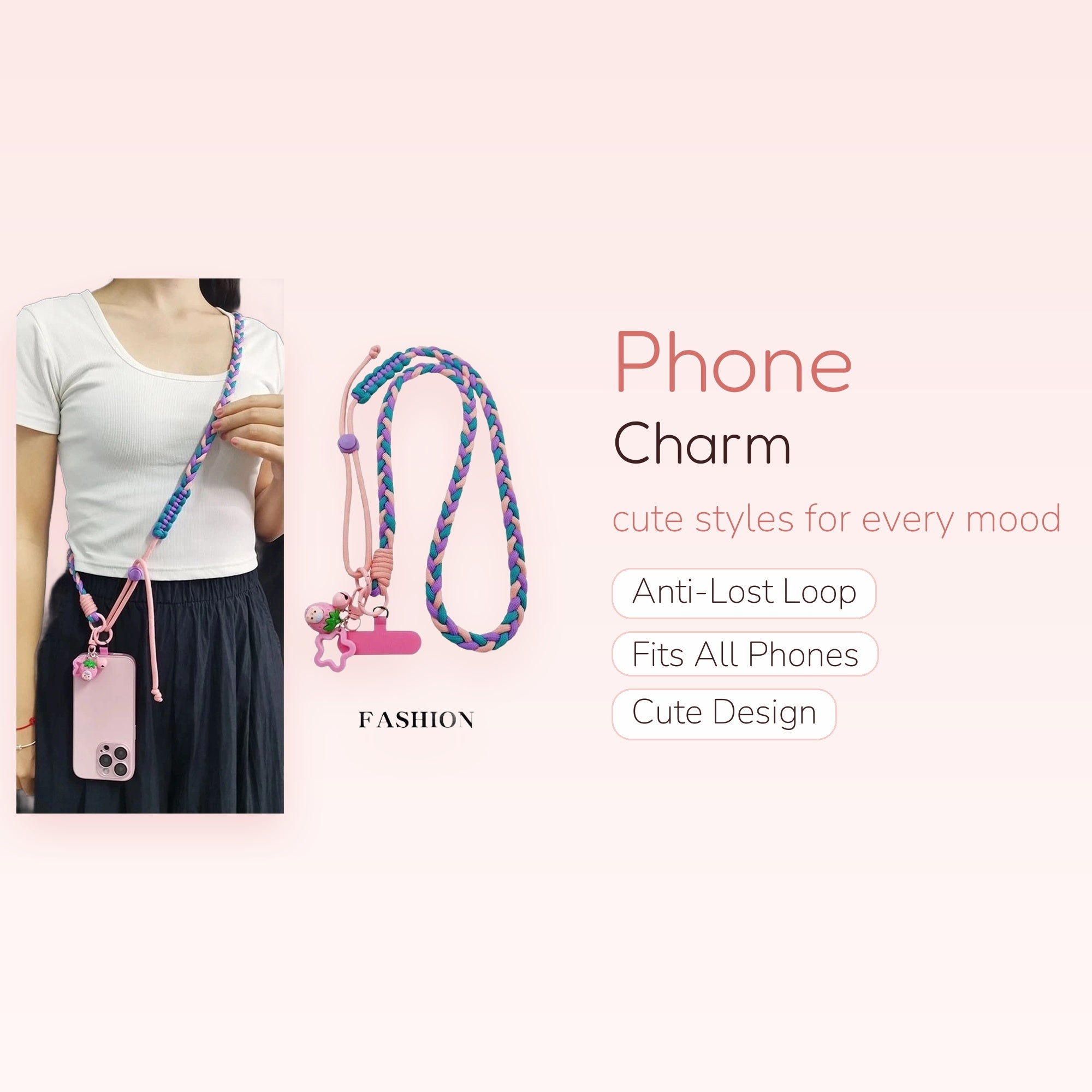 Braided Crossbody Phone Lanyard with Star Charm | Pastel Adjustable Phone Strap