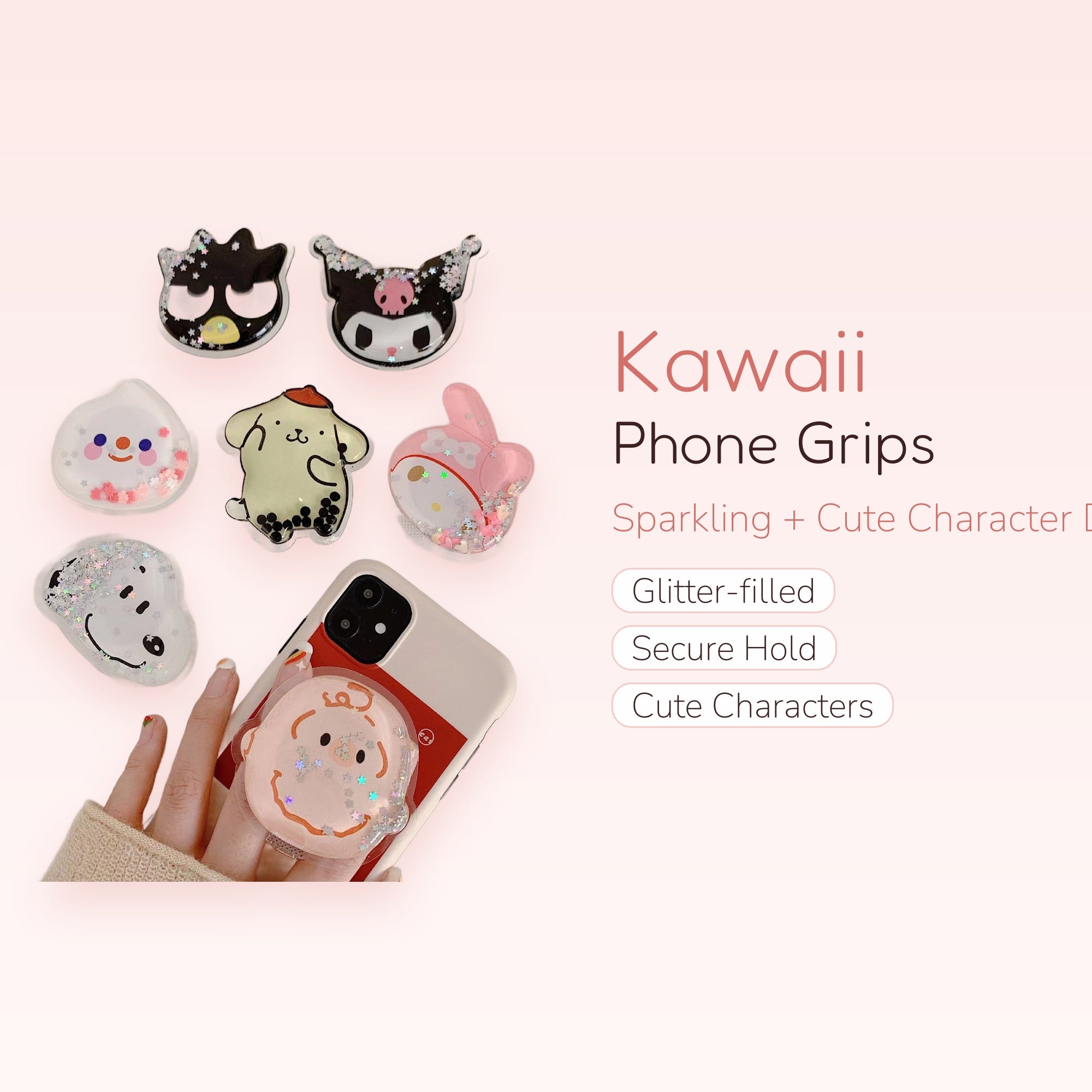 Kawaii Glitter Phone Grip | Cute Character Pop Socket