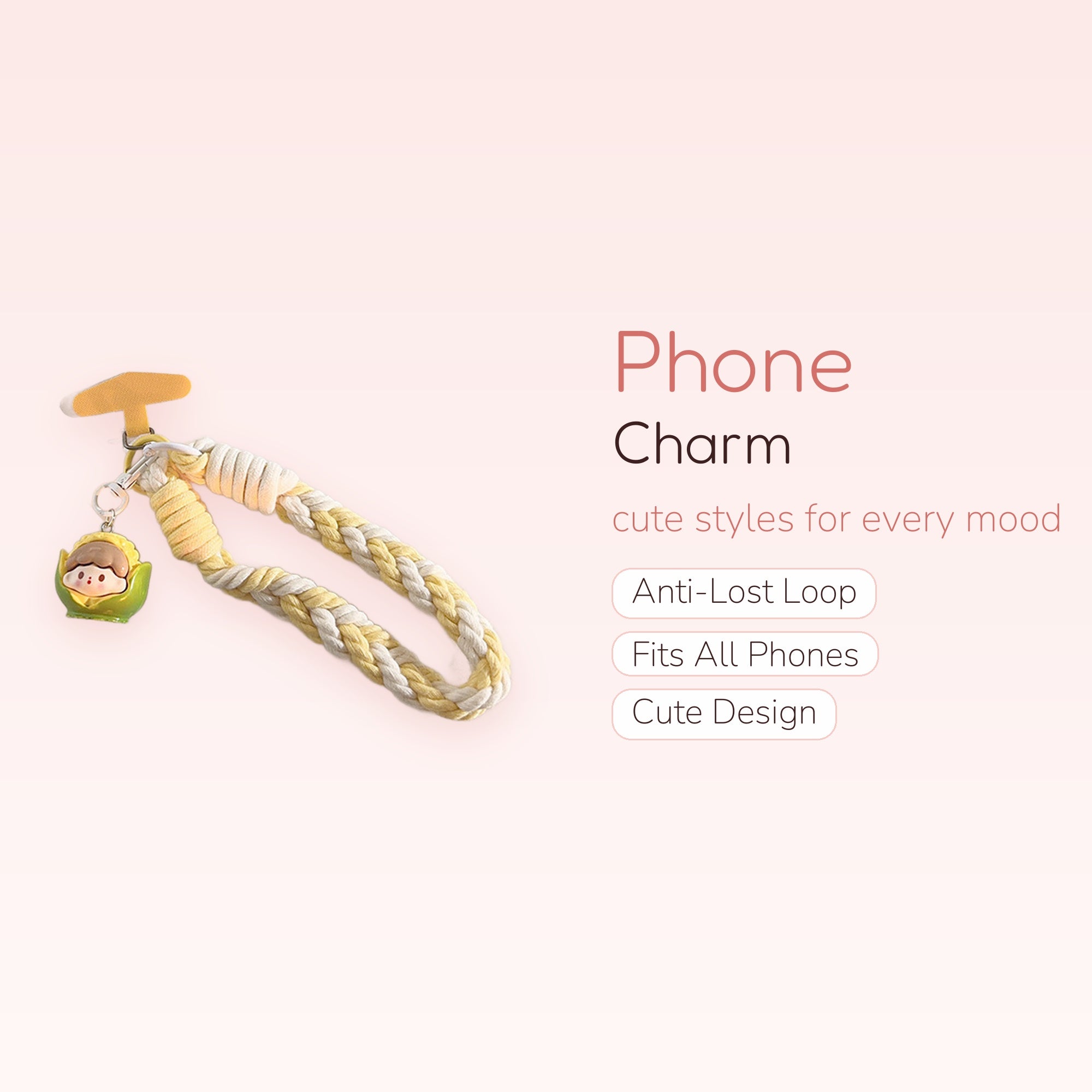 Cute Braided Wrist Phone Charm | Yellow & White Lanyard with Corn Character