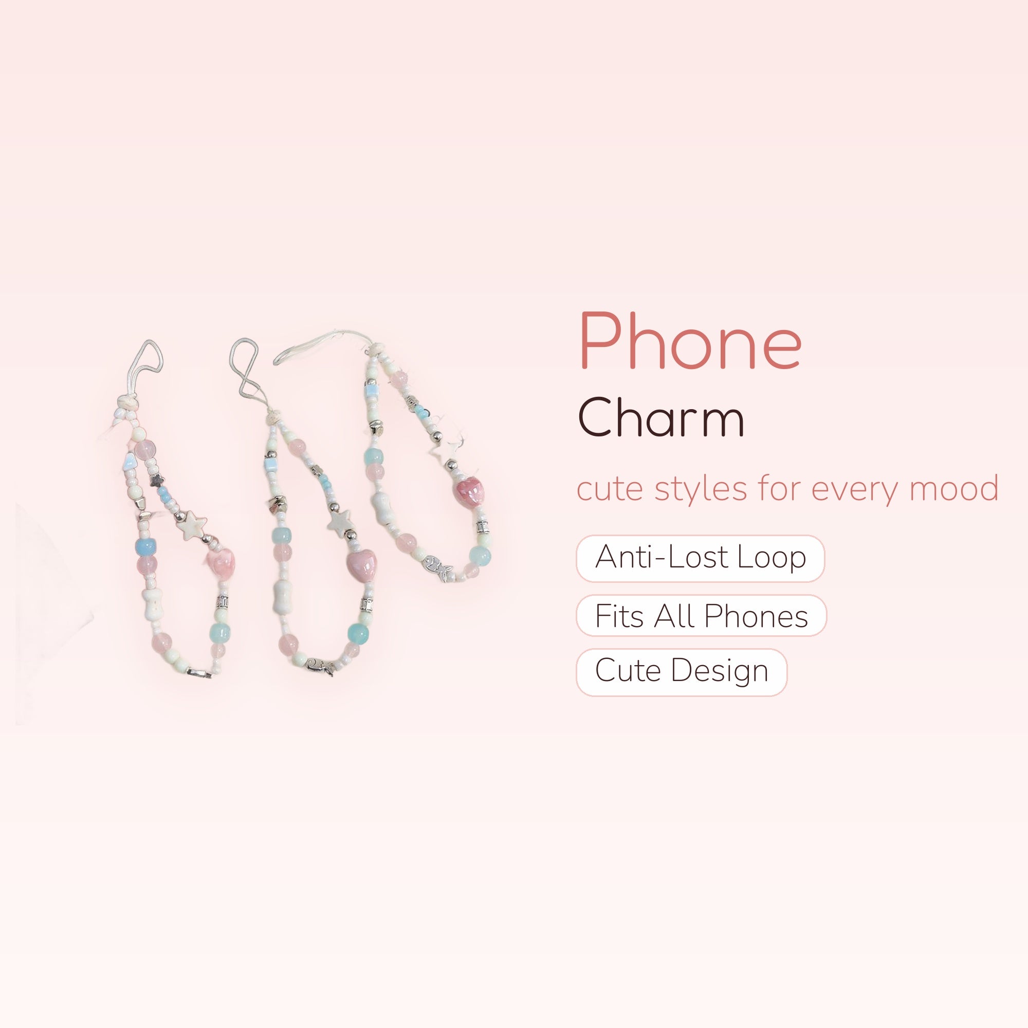 Pastel Beaded Phone Charm Strap | Kawaii Heart & Star Wrist Lanyard