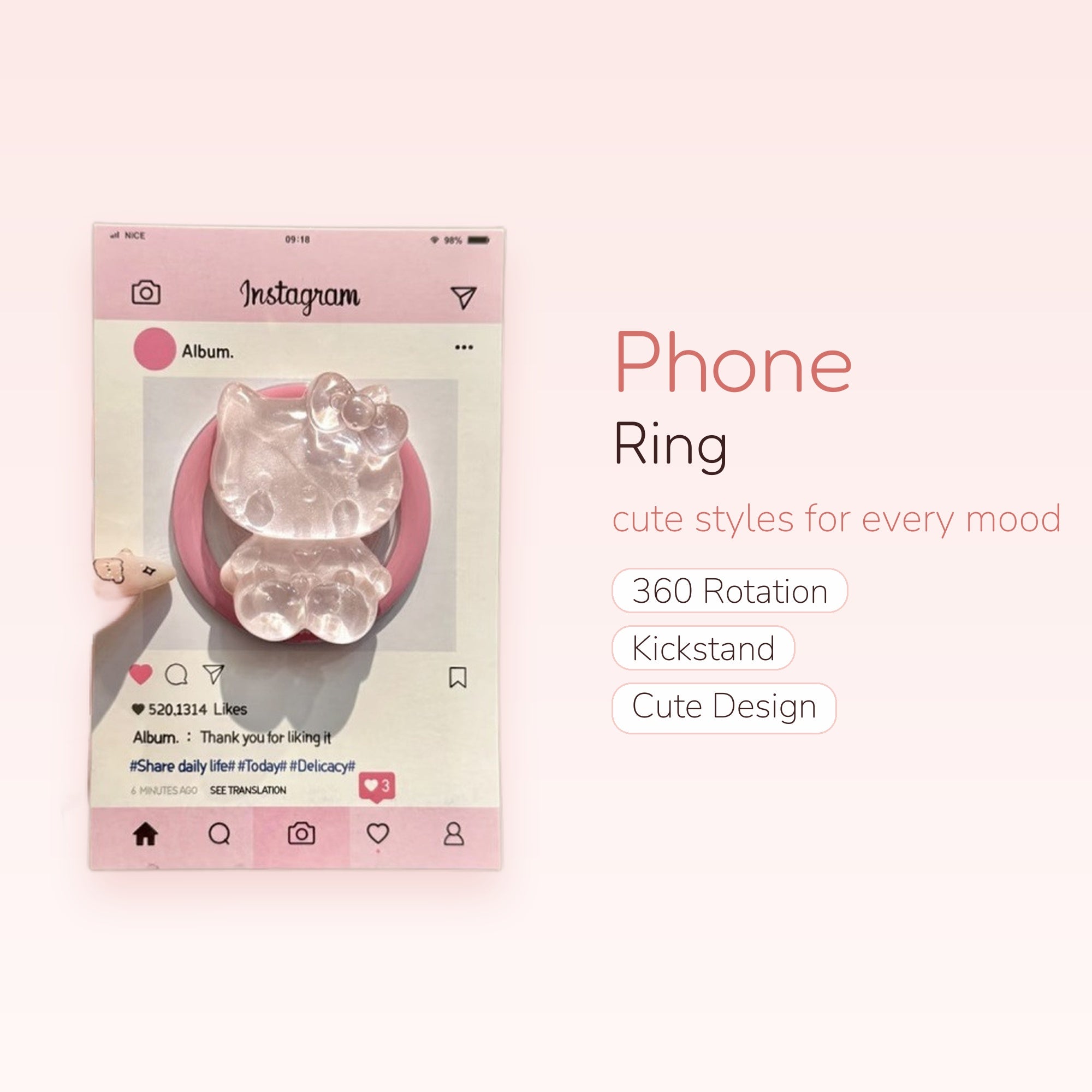 Pink Glitter Hello Kitty Phone Ring | Kawaii Clear Resin Finger Holder Kickstand