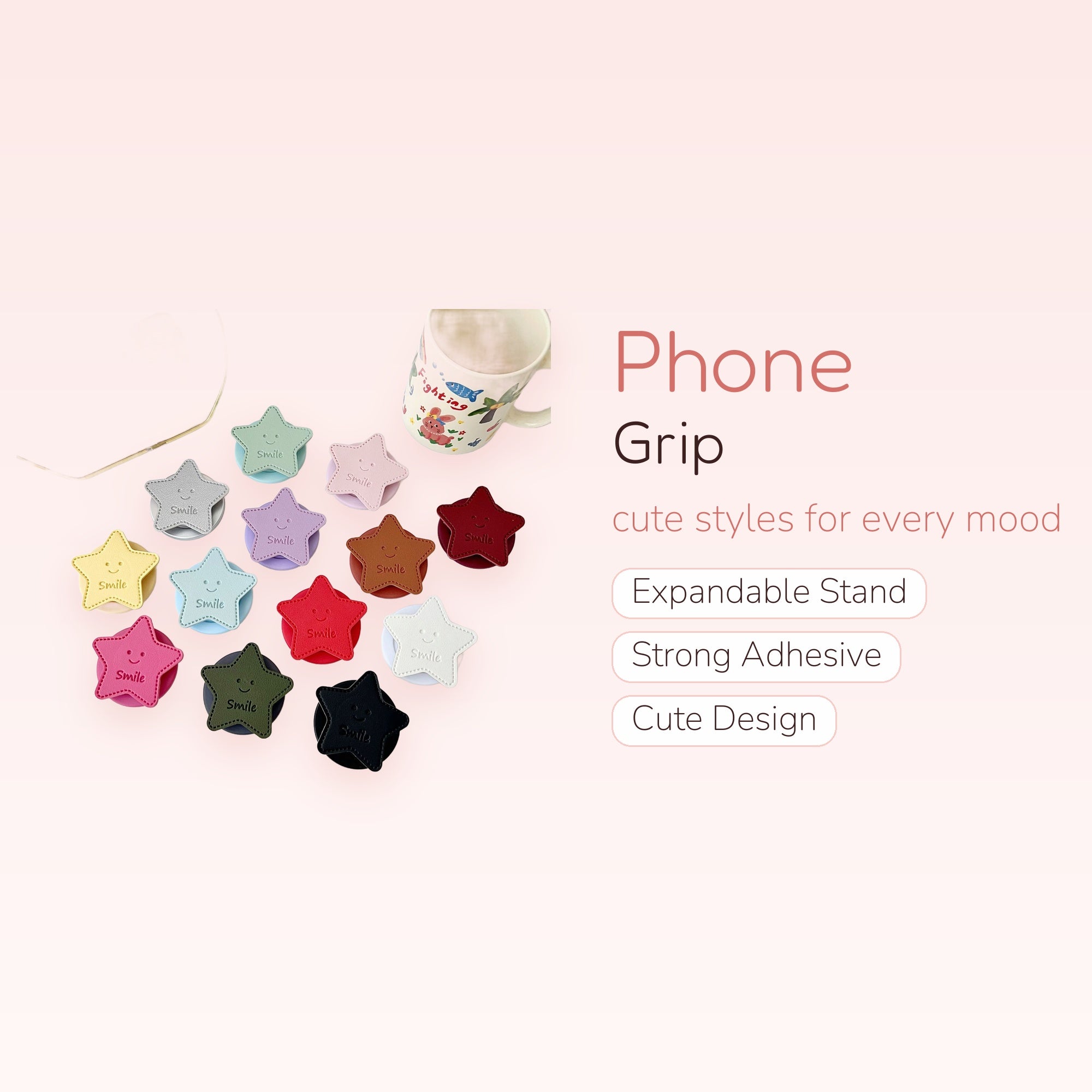 Cute Star Smile Phone Grip | Pastel Faux Leather Pop Socket Stand
