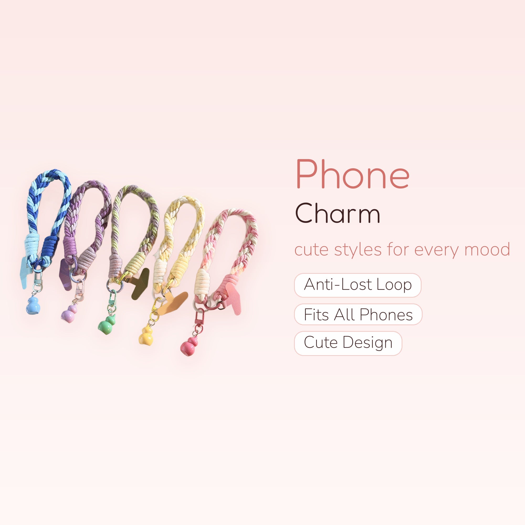 Braided Wrist Phone Charm Strap with Gourd Pendant | Pastel Woven Lanyard