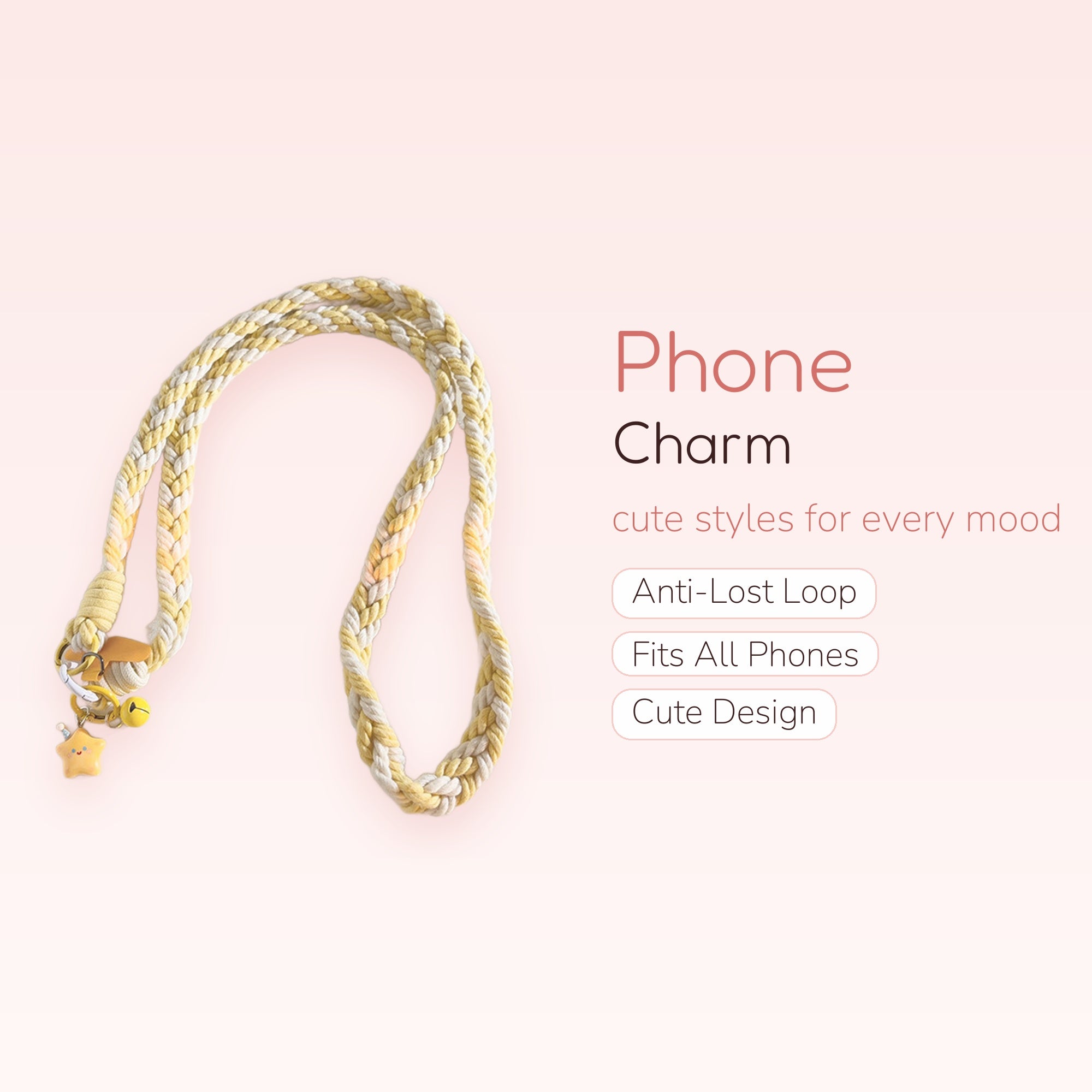 Braided Yellow & White Phone Lanyard | Cute Star & Bell Charm Strap