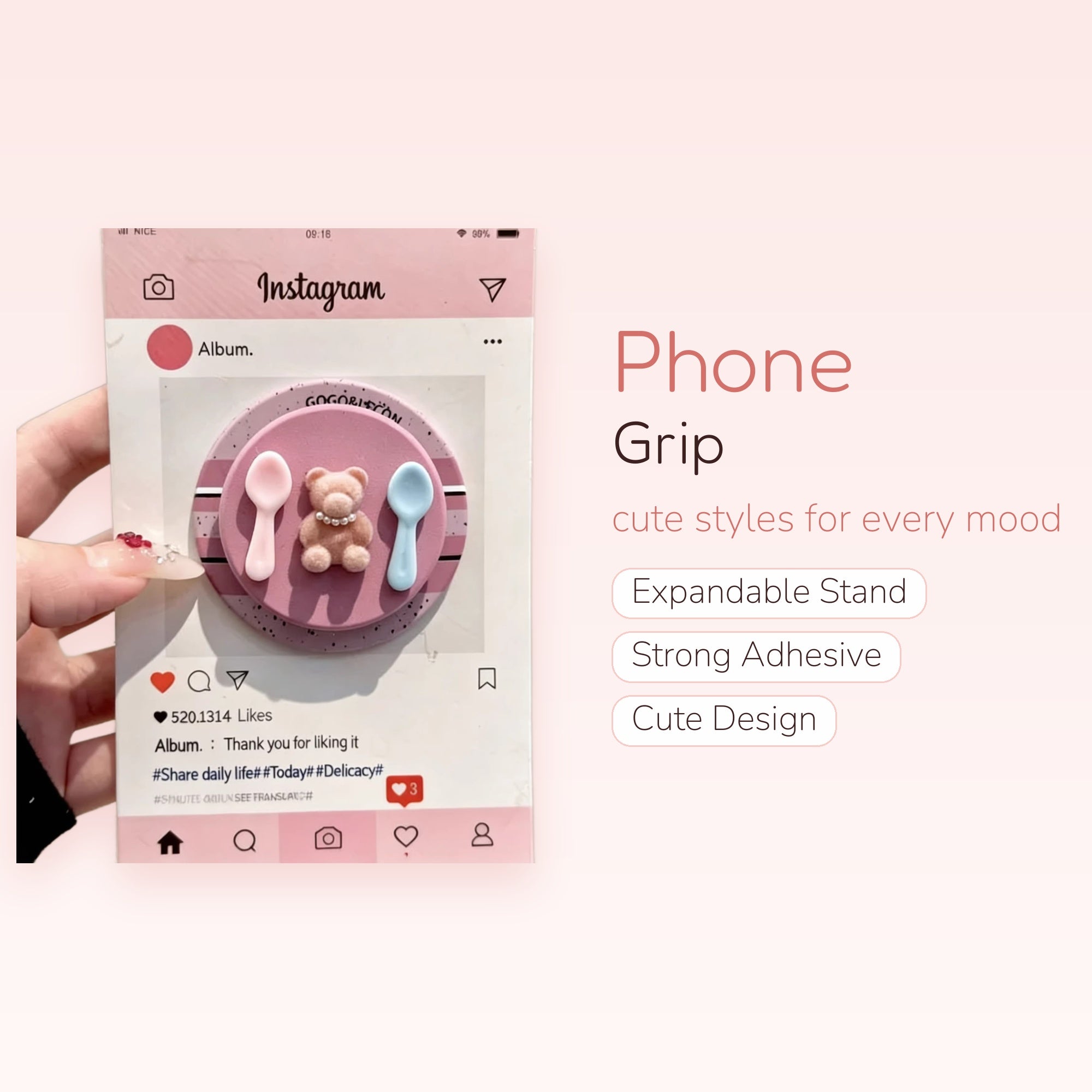 Pink Instagram Feed Bear Phone Grip | Kawaii Pastel Pop Socket Stand