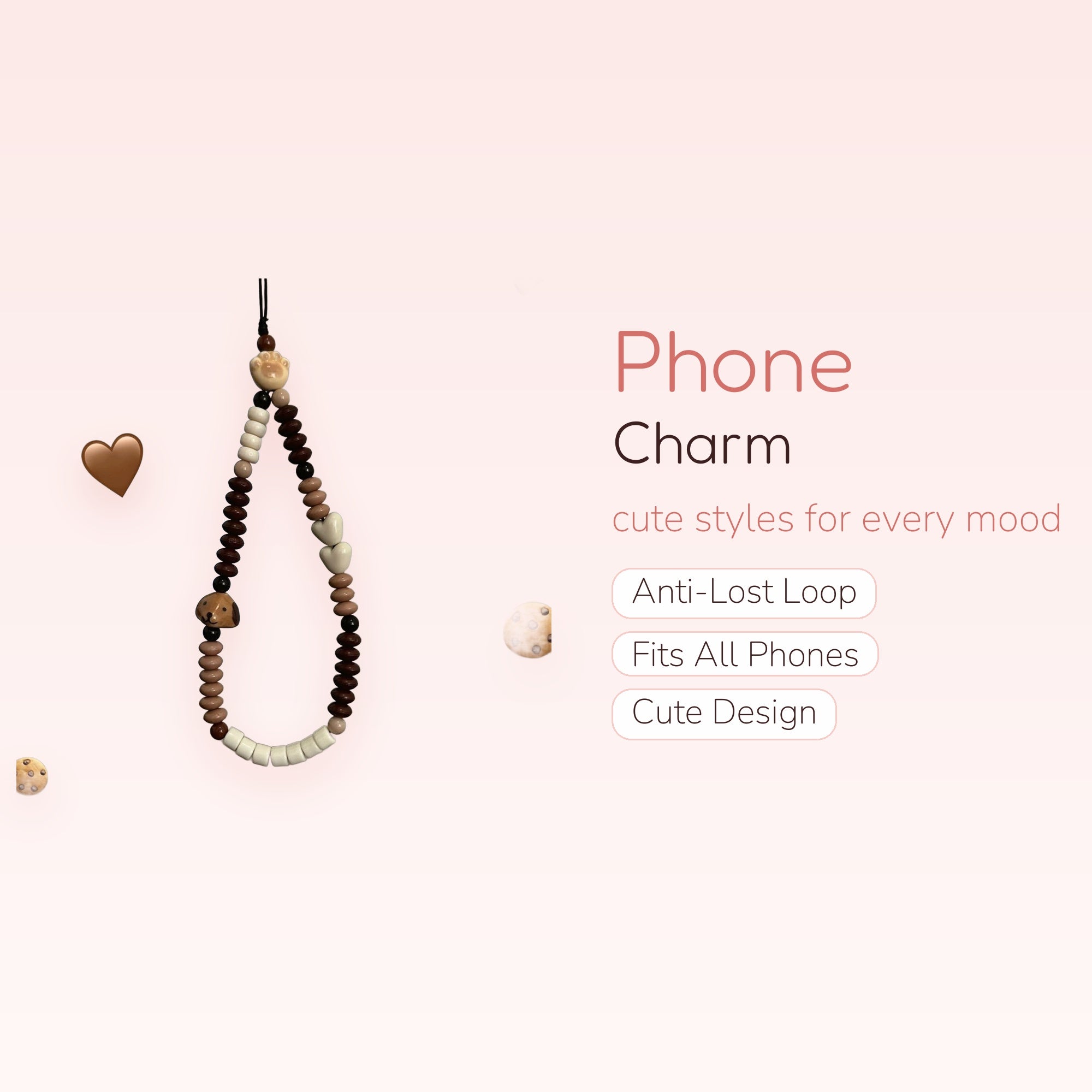 Cute Doggy & Paw Print Beaded Phone Charm | Aesthetic Brown & White Wrist Strap