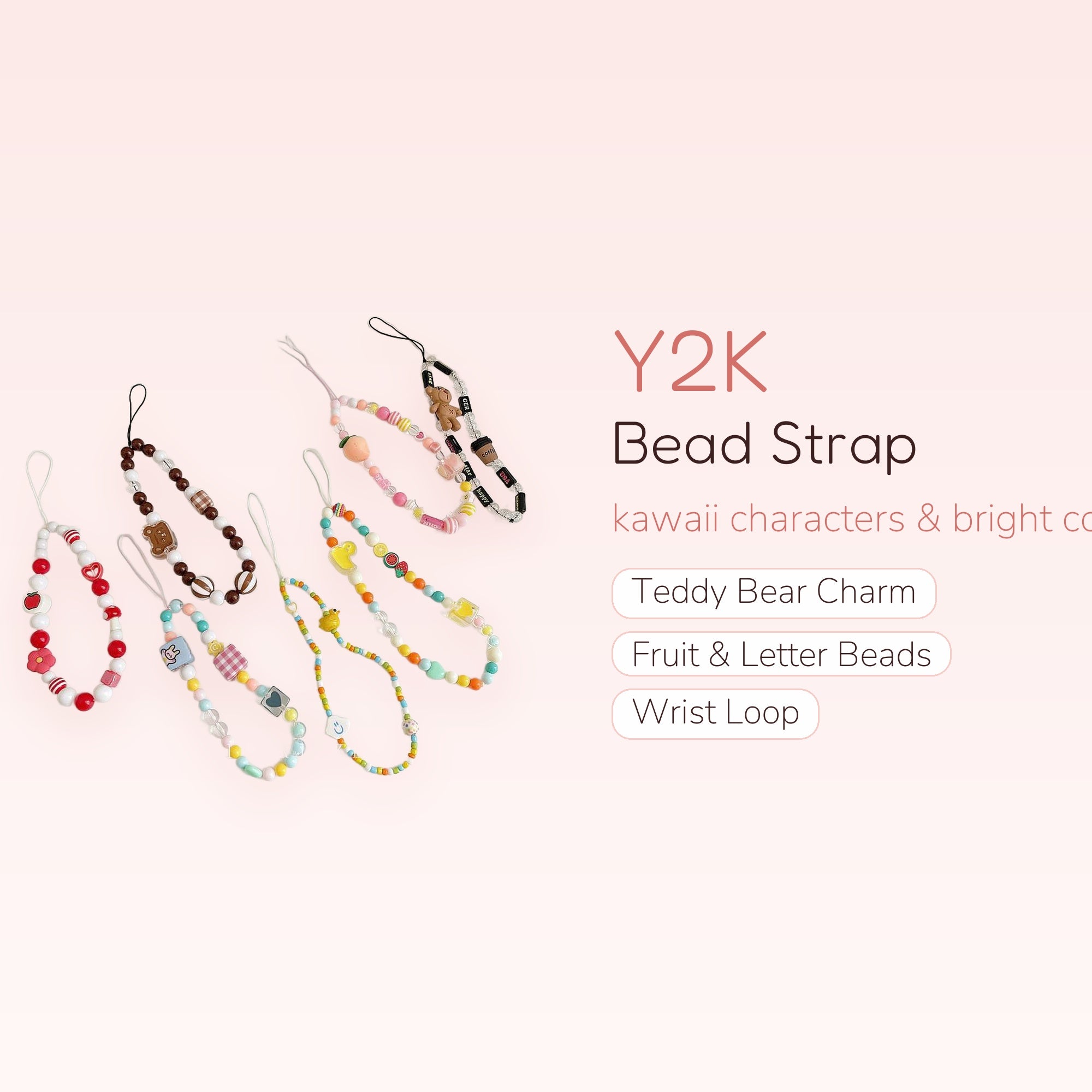 Y2K Kawaii Beaded Phone Charm Strap | Character Wrist Lanyard