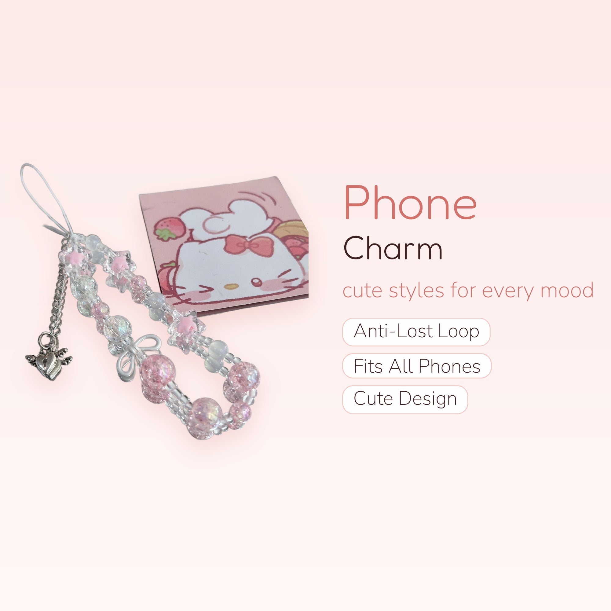 Kawaii Pink Star & Clear Beaded Phone Charm | Aesthetic Heart Lock Wrist Strap
