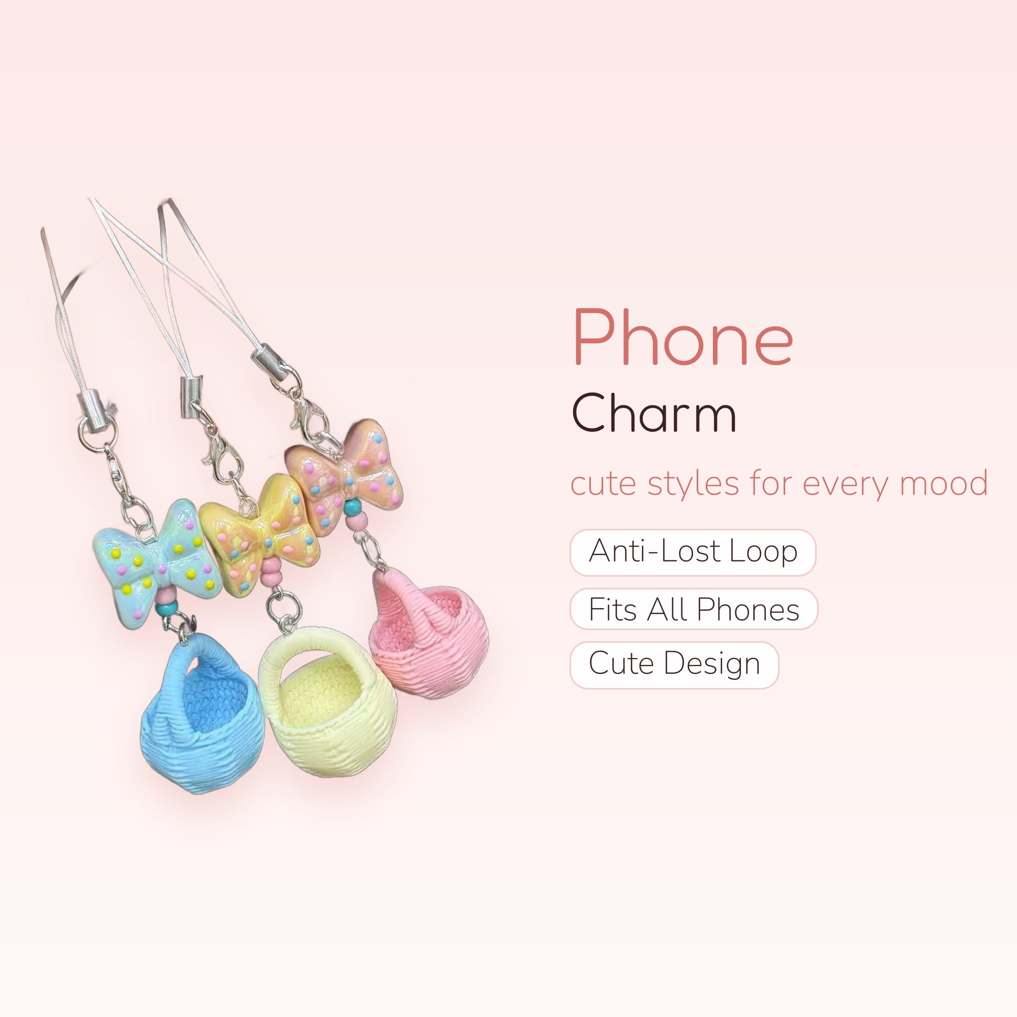 Pastel Bow & Basket Phone Charm | Kawaii Polka Dot Mini Basket Strap