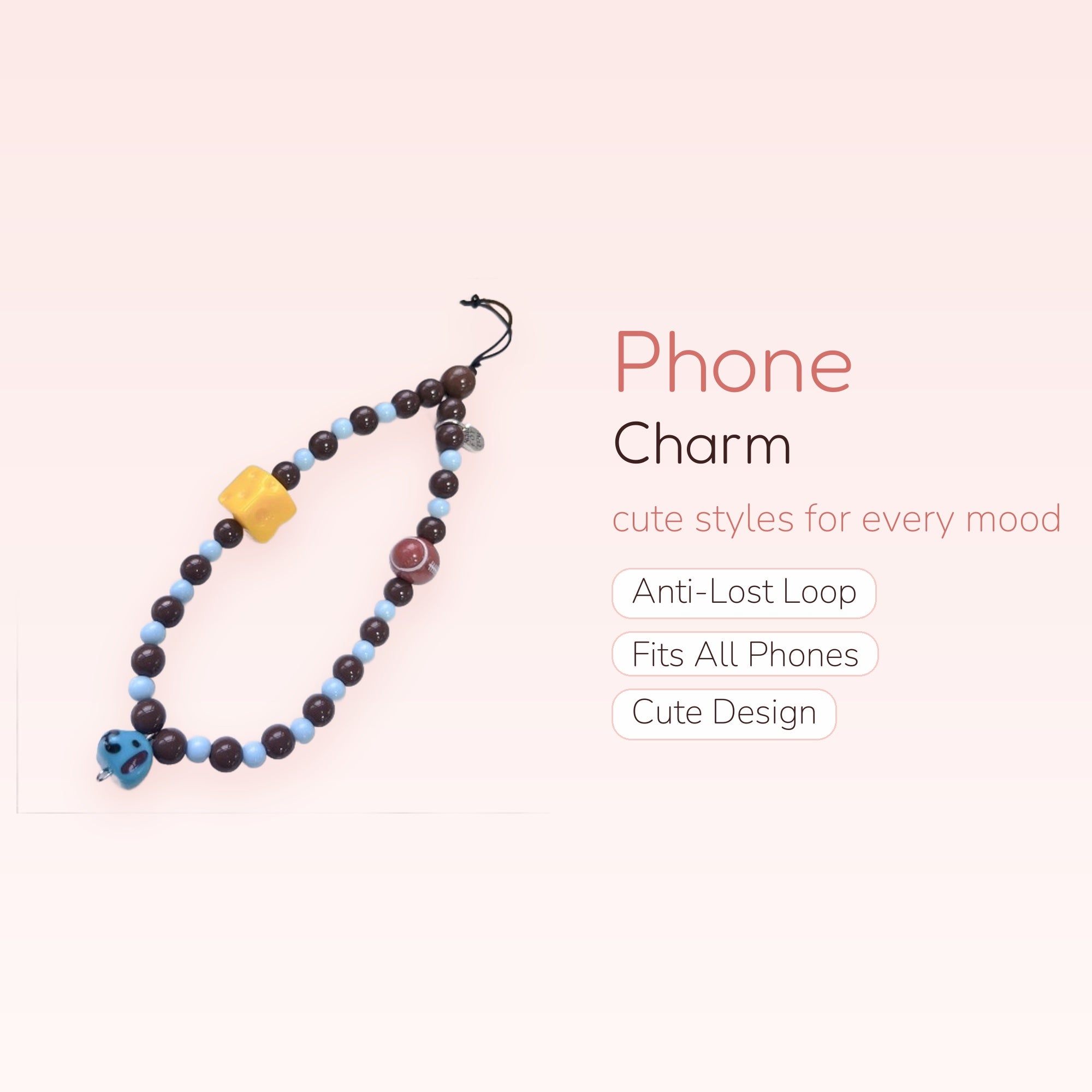 Cute Brown & Blue Beaded Phone Charm Strap | Kawaii Cheese & Football Wrist Lanyard