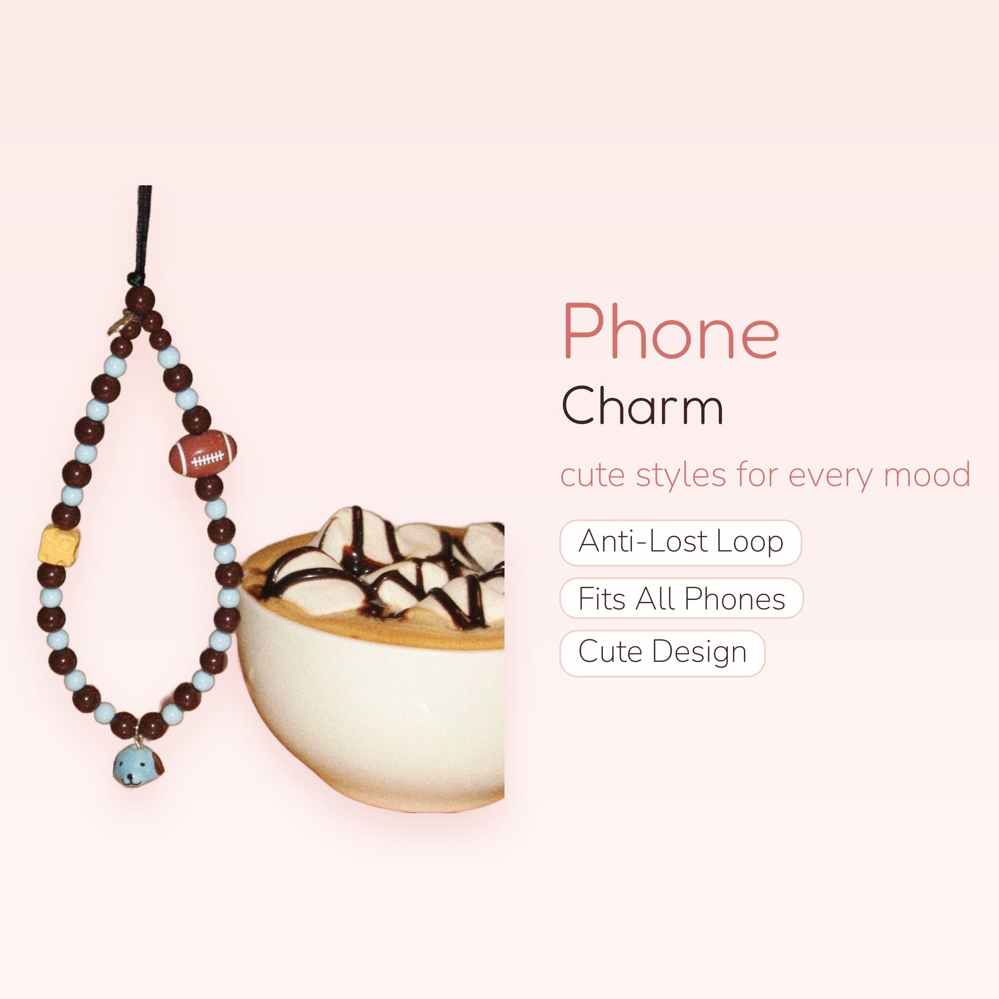 Chocolate & Pastel Blue Beaded Phone Charm | Football & Puppy Dog Wrist Strap