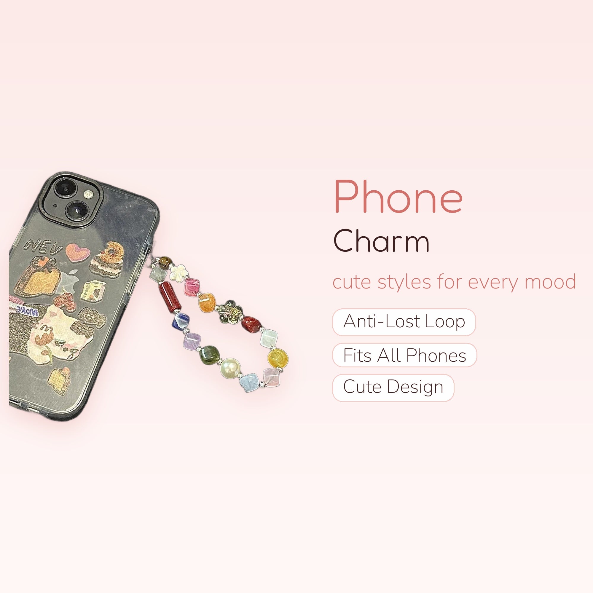 Aesthetic Mixed Gemstone & Pearl Phone Charm | Colorful Beaded Wrist Strap