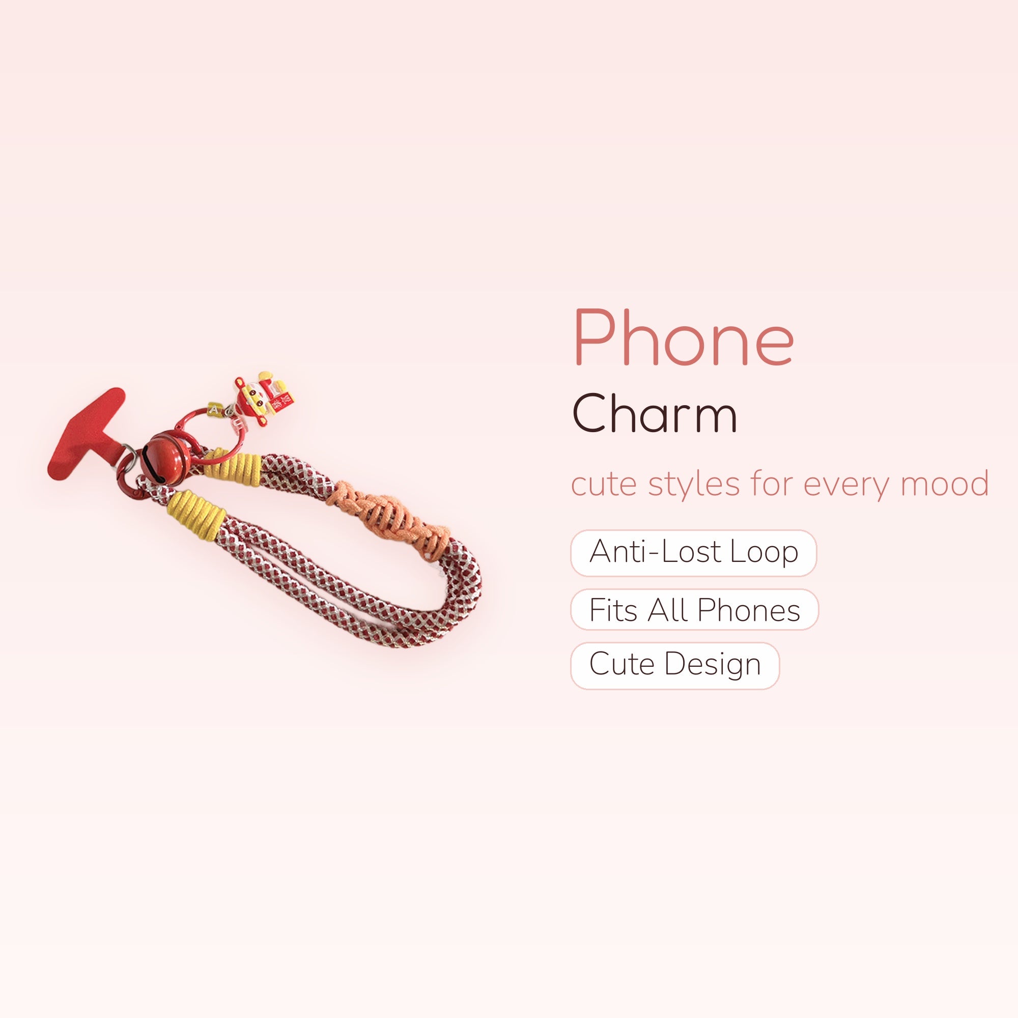 Red Bell & Cow Charm Phone Wrist Strap | Cute Braided Lanyard Keychain