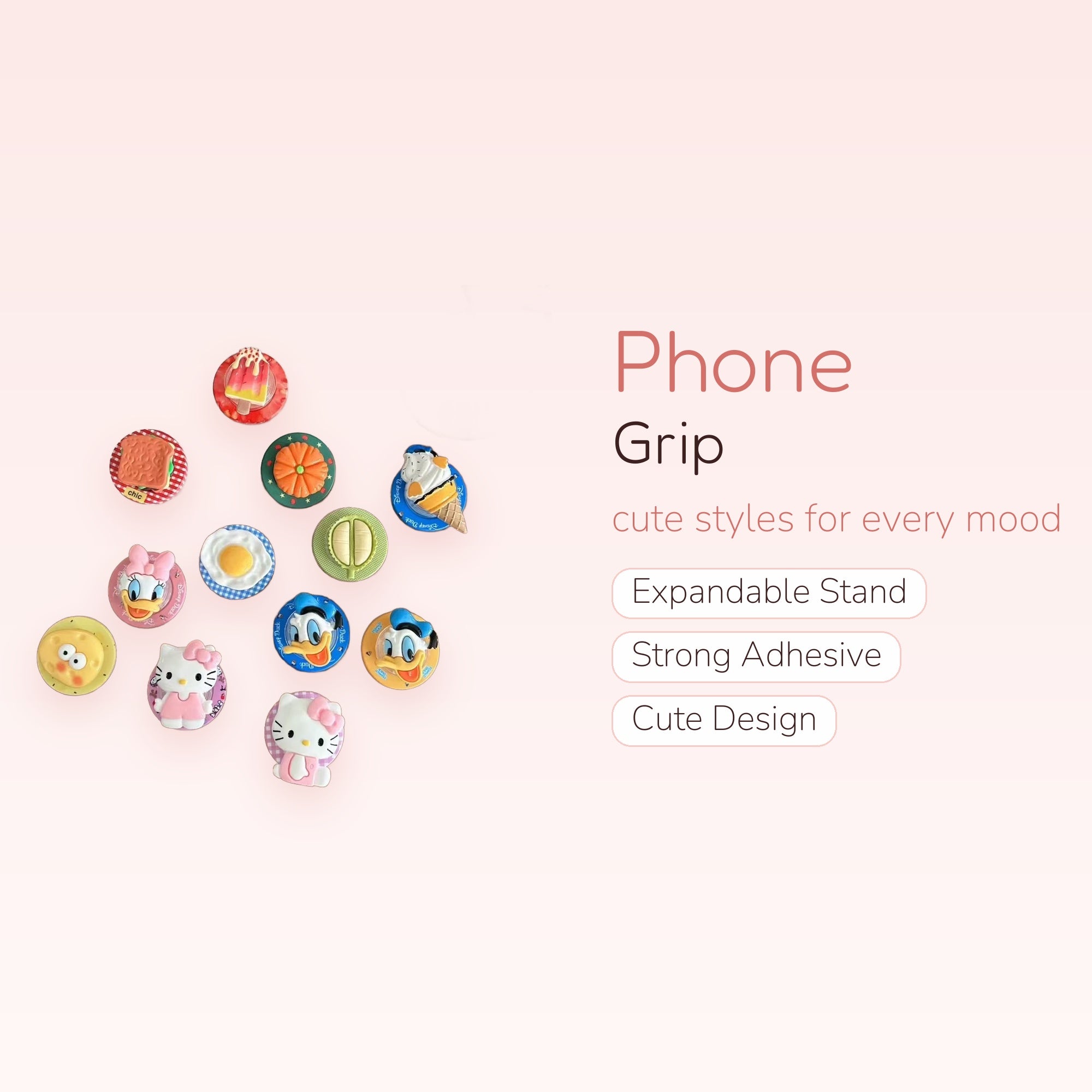 Assorted Food & Cartoon Character Phone Grips | Kawaii Pop Socket Stand Collection