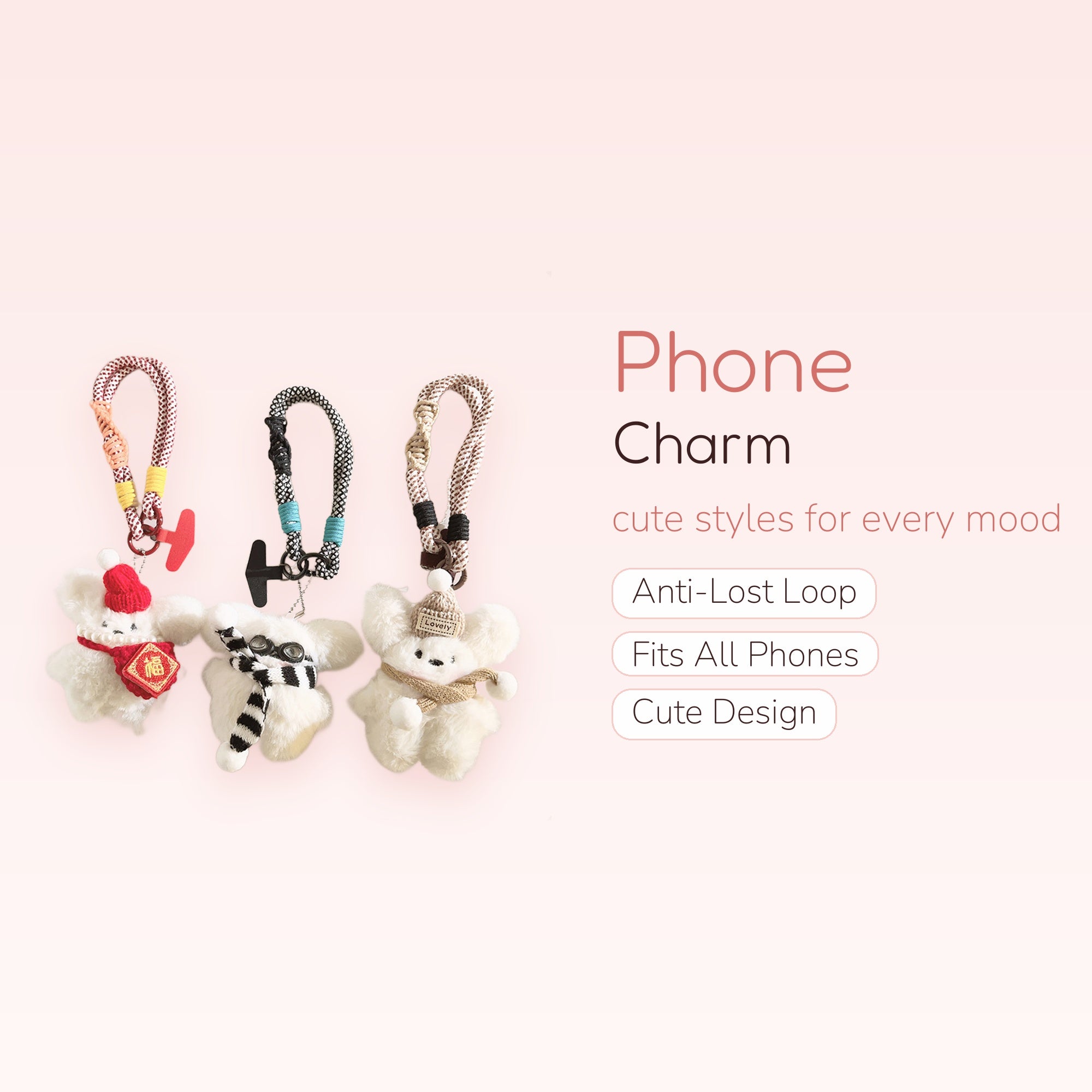 Cute Fluffy Bear Phone Charm Strap | Knitted Hat & Scarf Wrist Lanyard