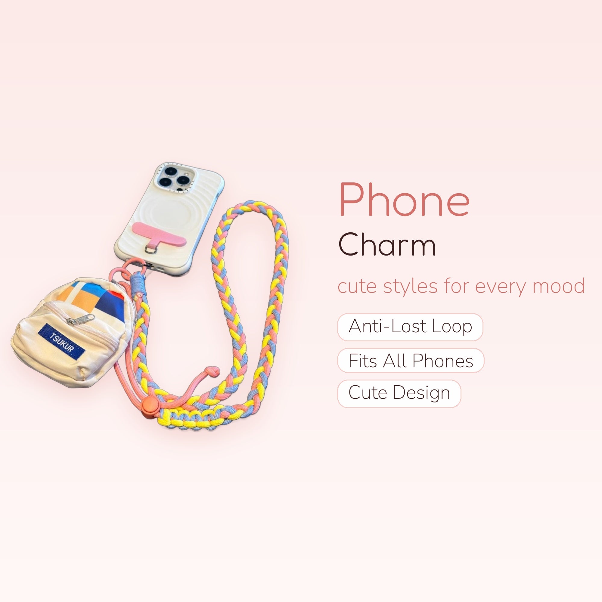 Cute Braided Lanyard Phone Charm | Pastel Rainbow Mini Backpack Phone Strap