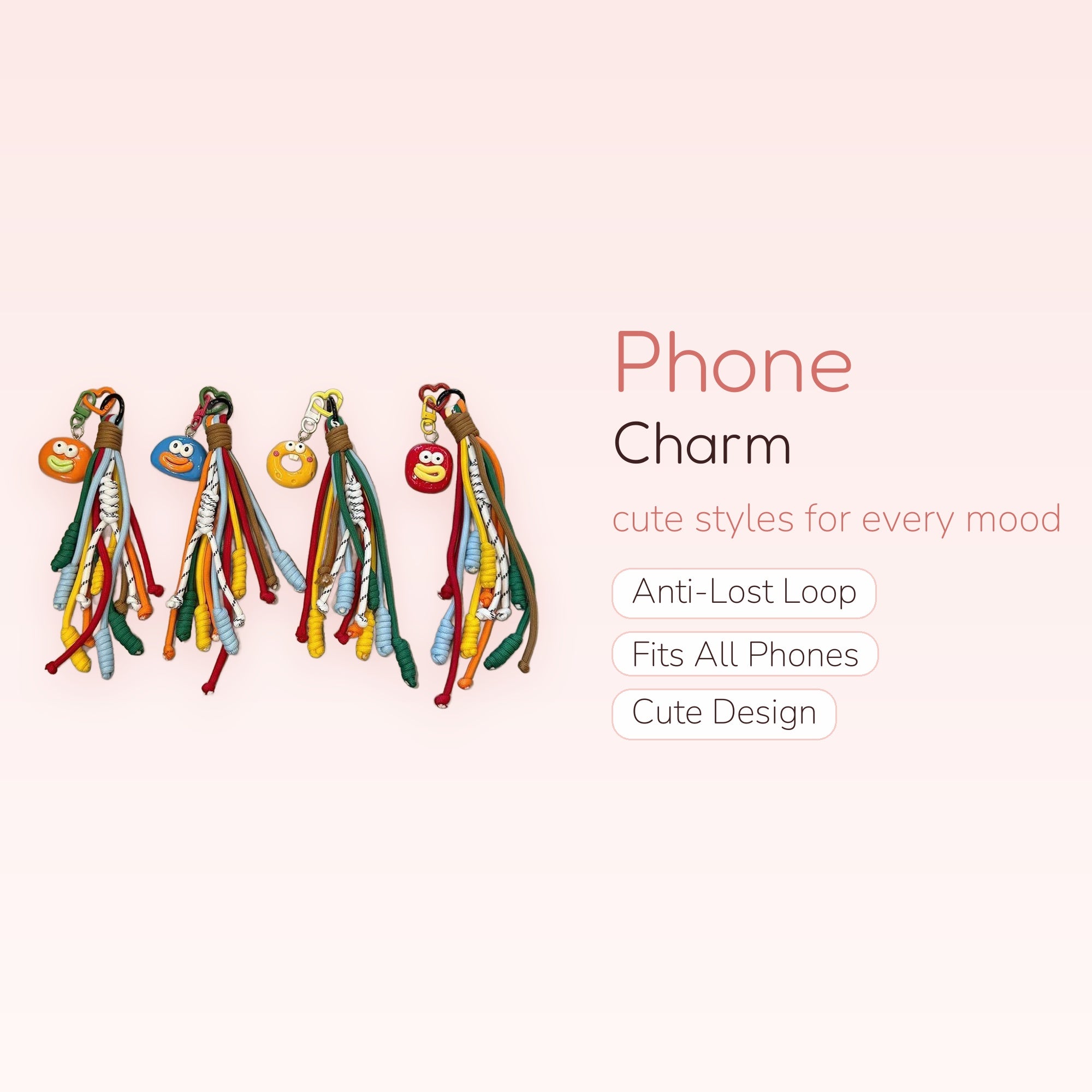 Kawaii Cartoon Face & Colorful Rope Phone Charm | Funky Tassel Wrist Lanyard