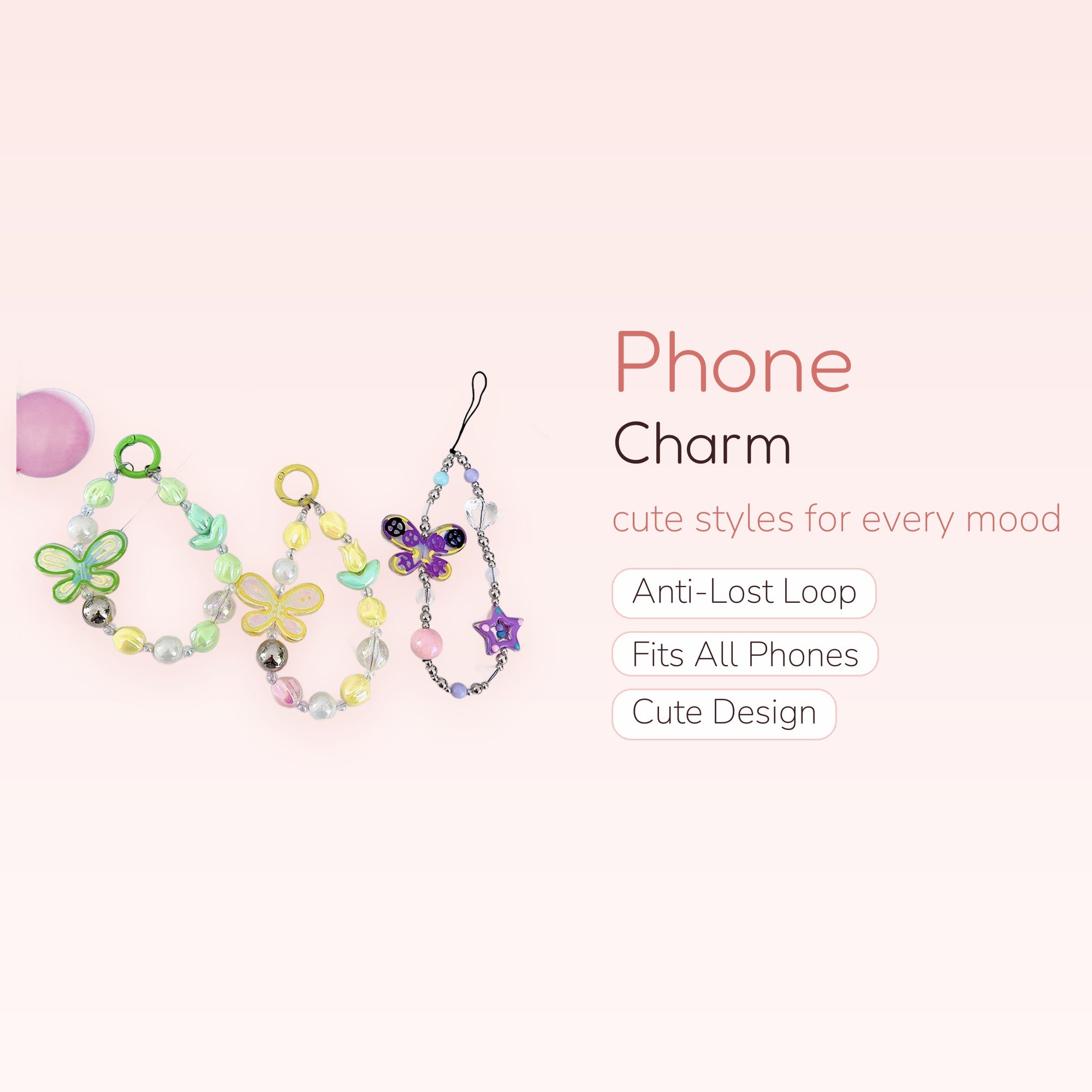 Pastel Butterfly Beaded Phone Charm | Kawaii Pearl & Acrylic Wrist Strap