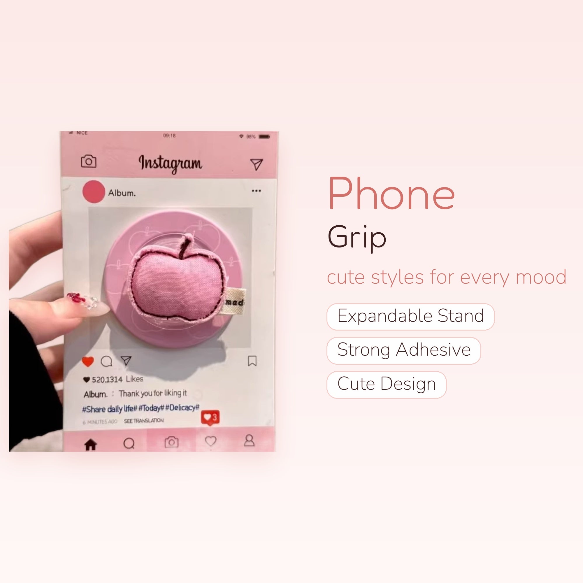 Pink Puffy Apple Phone Grip | Cute Kawaii Pop Socket Stand