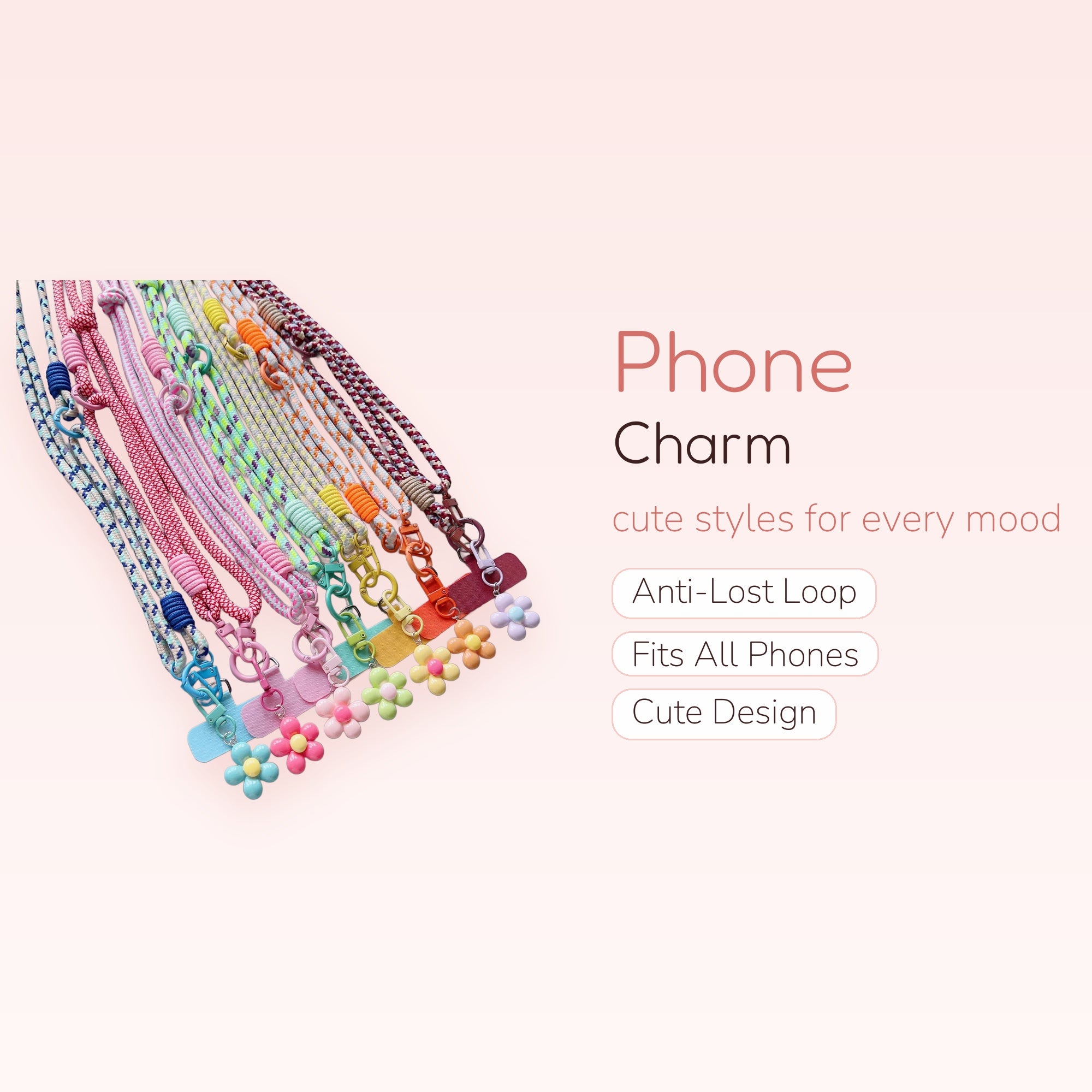 Colorful Braided Rope Phone Lanyard with Flower Charms | Aesthetic Crossbody Phone Strap