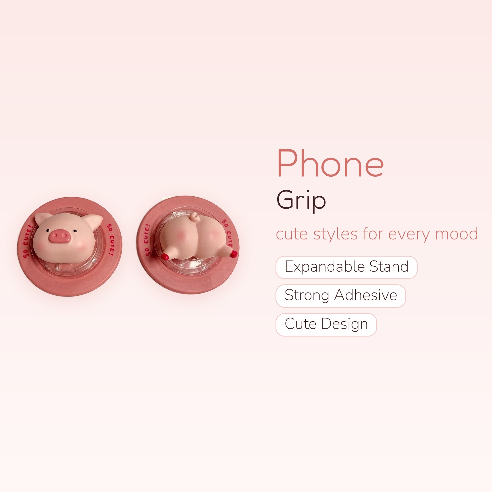 Cute Piggy Phone Grip Set | Kawaii Pink Pig Pop Socket Stand