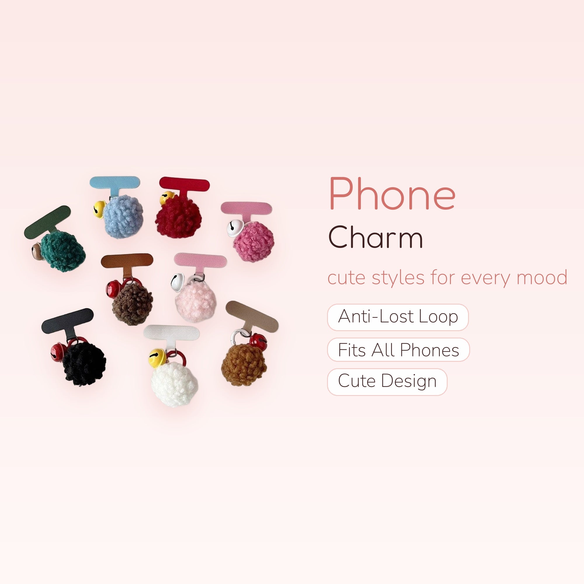 Cute Knitted Pom Pom Phone Charm with Bell | Colorful T-Shaped Phone Lanyard