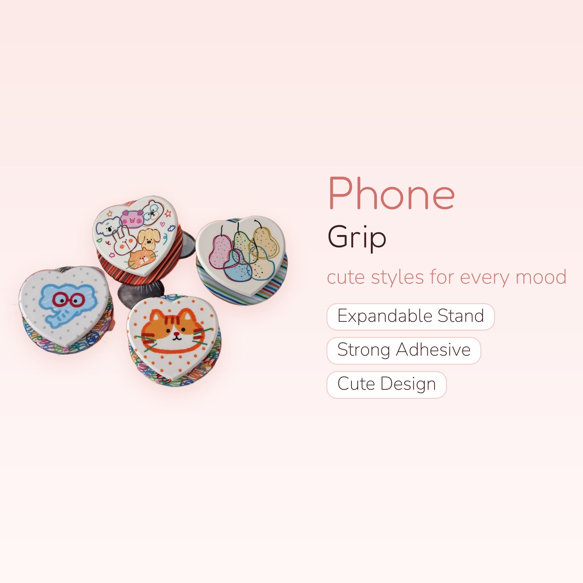Kawaii Heart Animal & Fruit Phone Grips | Cute Pop Socket Stand for Phones