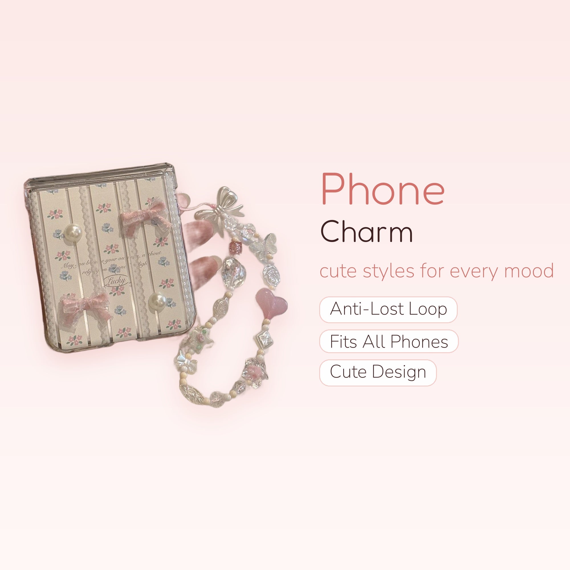 Kawaii Pearl & Pink Bow Phone Charm Strap | Pastel Floral Beaded Wrist Lanyard