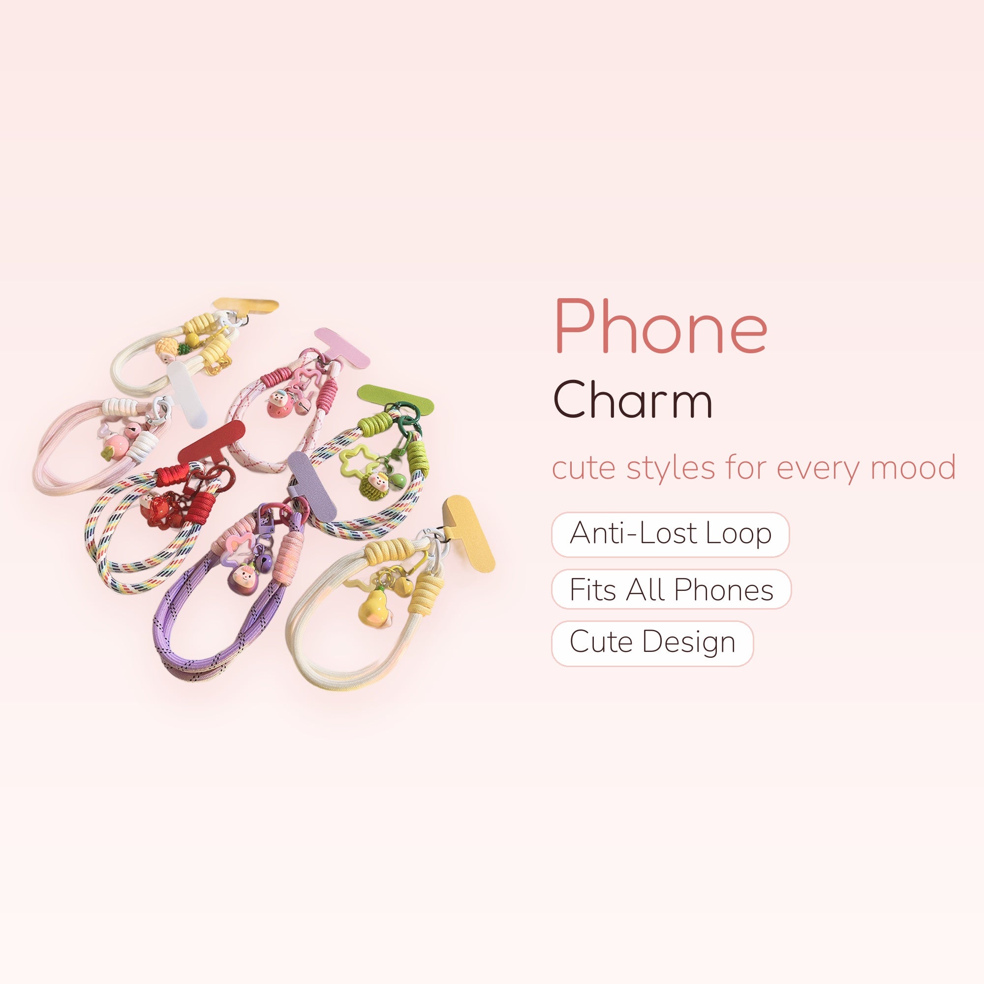Kawaii Fruit & Animal Phone Charm Wristlet | Pastel Braided Lanyard Strap