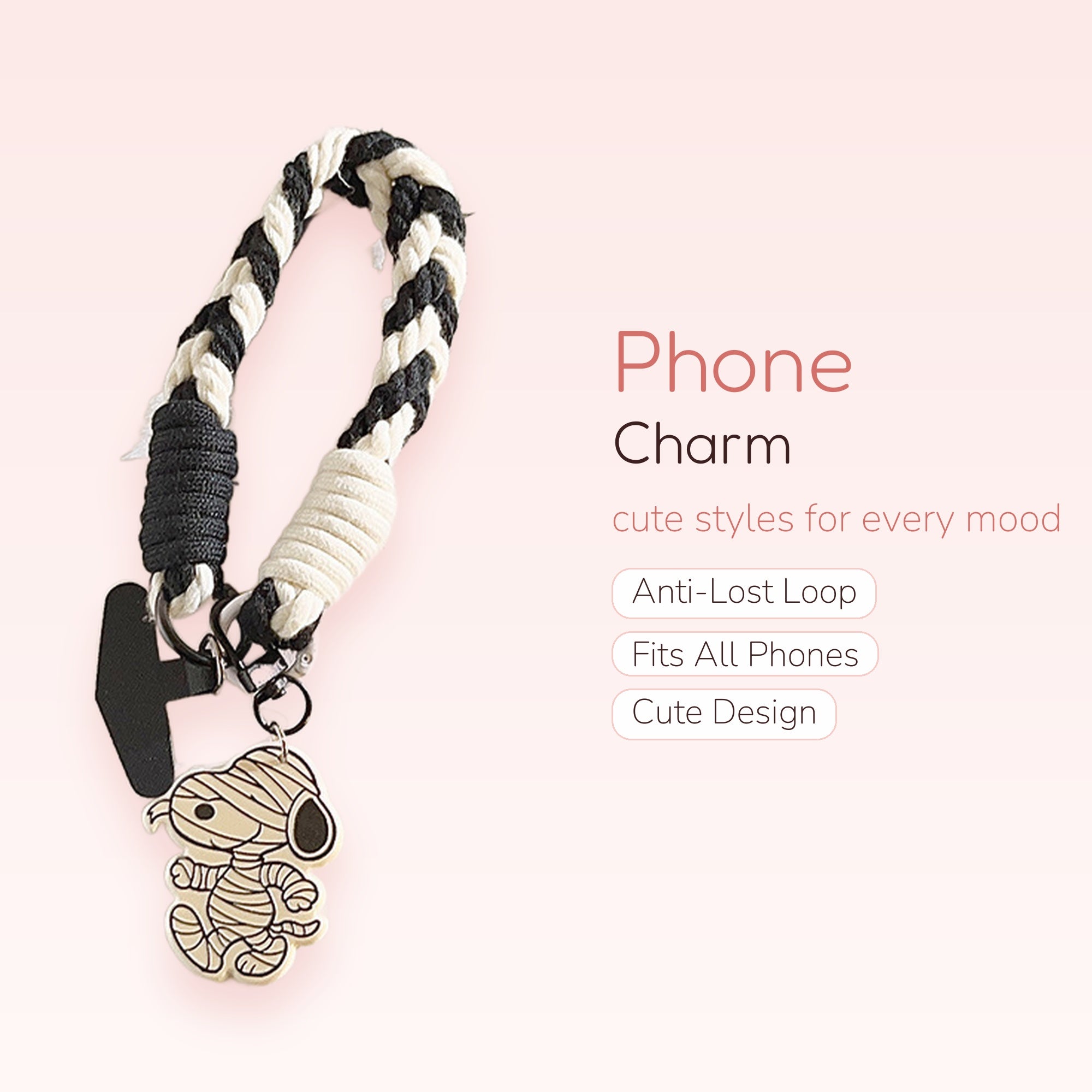 Black & White Braided Snoopy Mummy Phone Charm | Cute Wrist Strap Lanyard