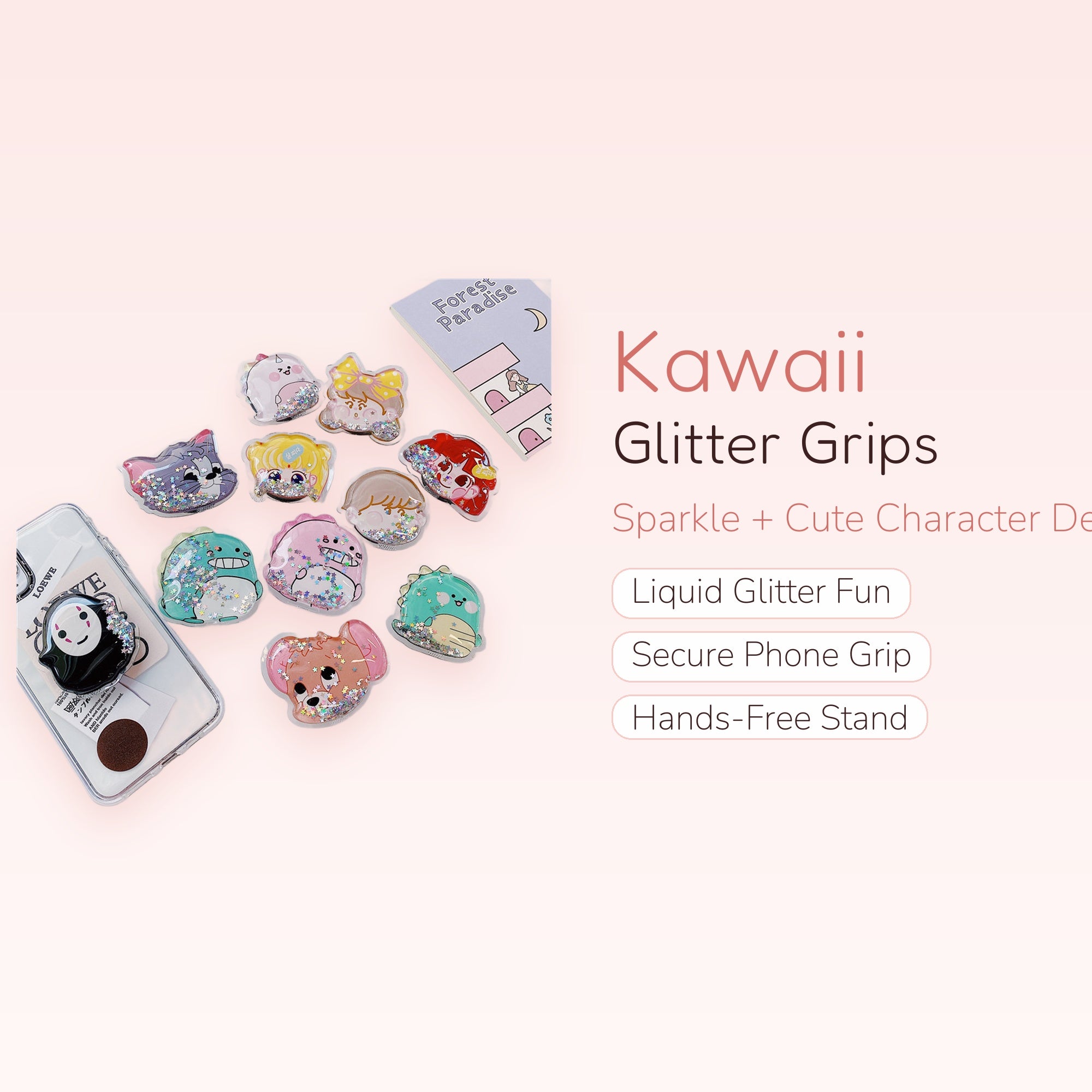 Kawaii Glitter Phone Grip Stand | Cute Character Pop Socket Holder