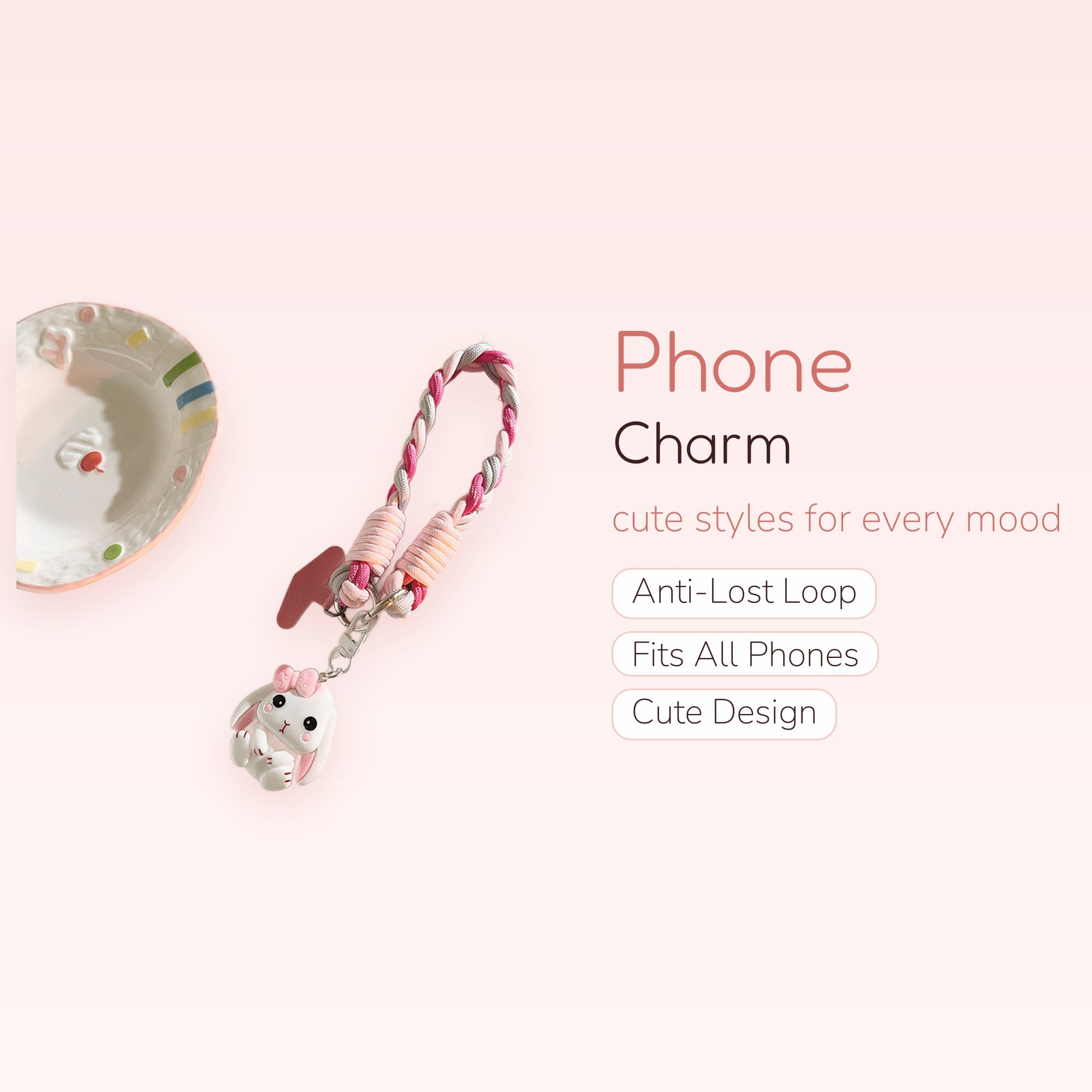 Kawaii Bunny Phone Charm Strap | Pink & Grey Braided Wrist Lanyard