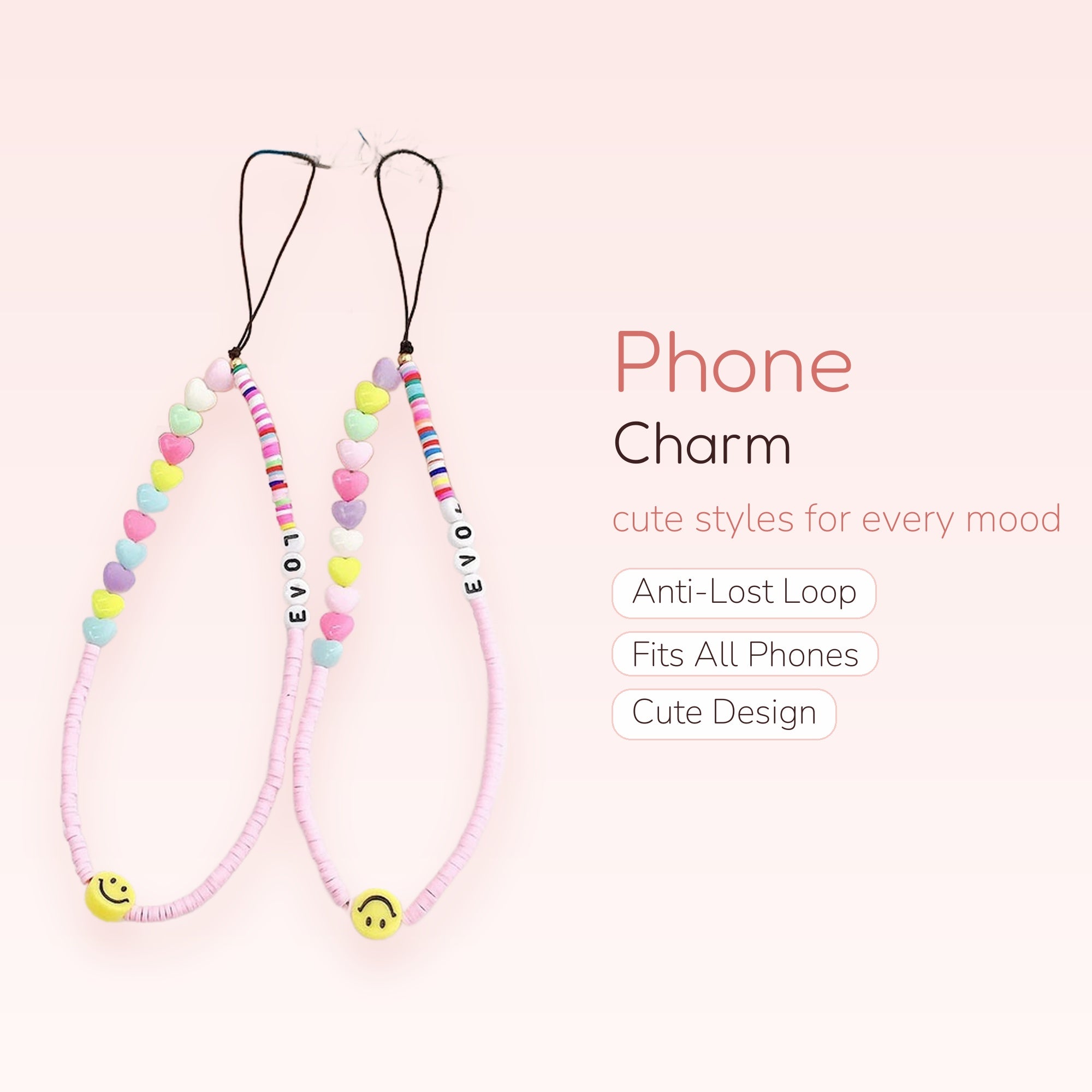 Pastel Heart & Smiley Face Phone Charm | Y2K Beaded Wrist Lanyard