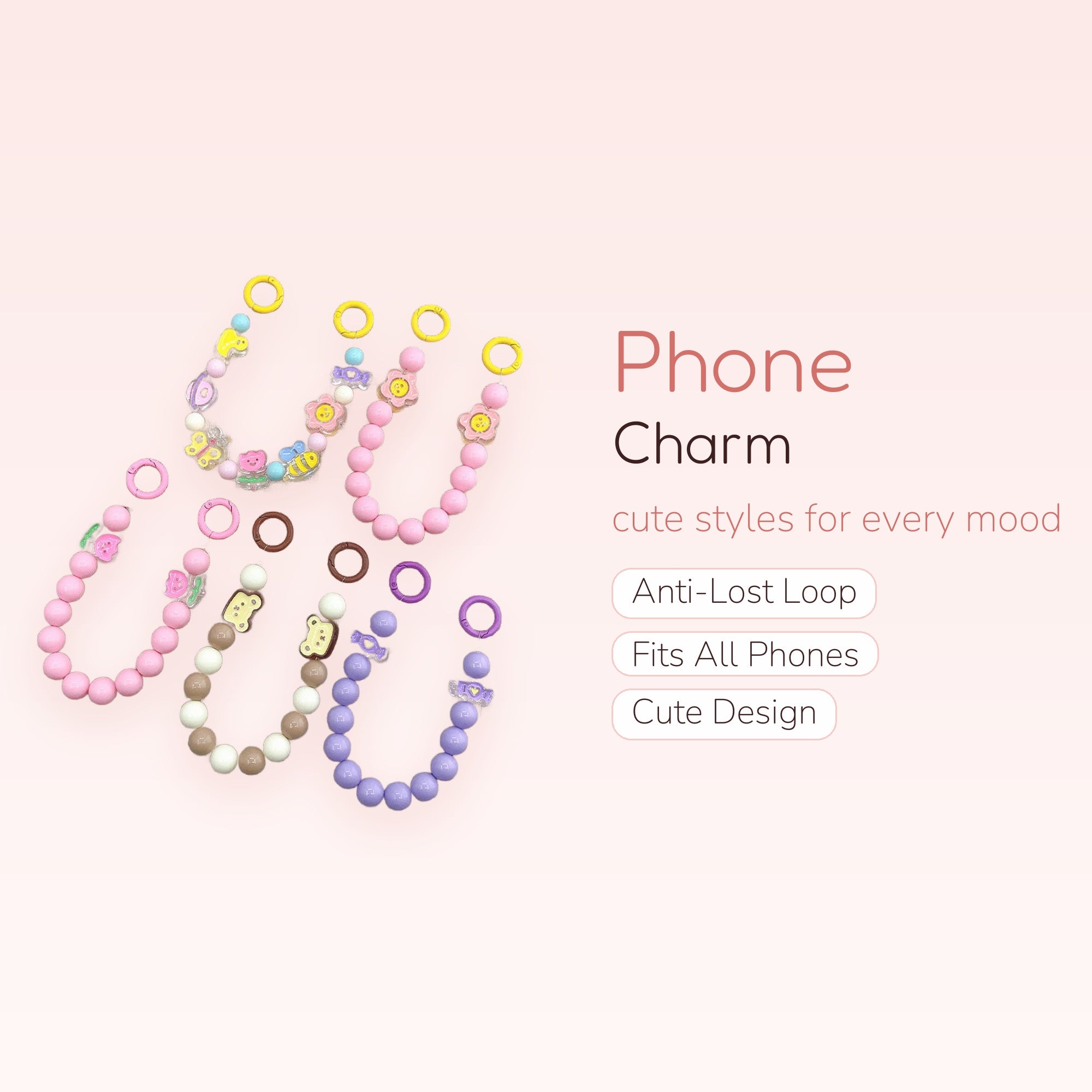 Kawaii Pastel Beaded Phone Charm Straps | Cute Animal & Flower Wrist Lanyards