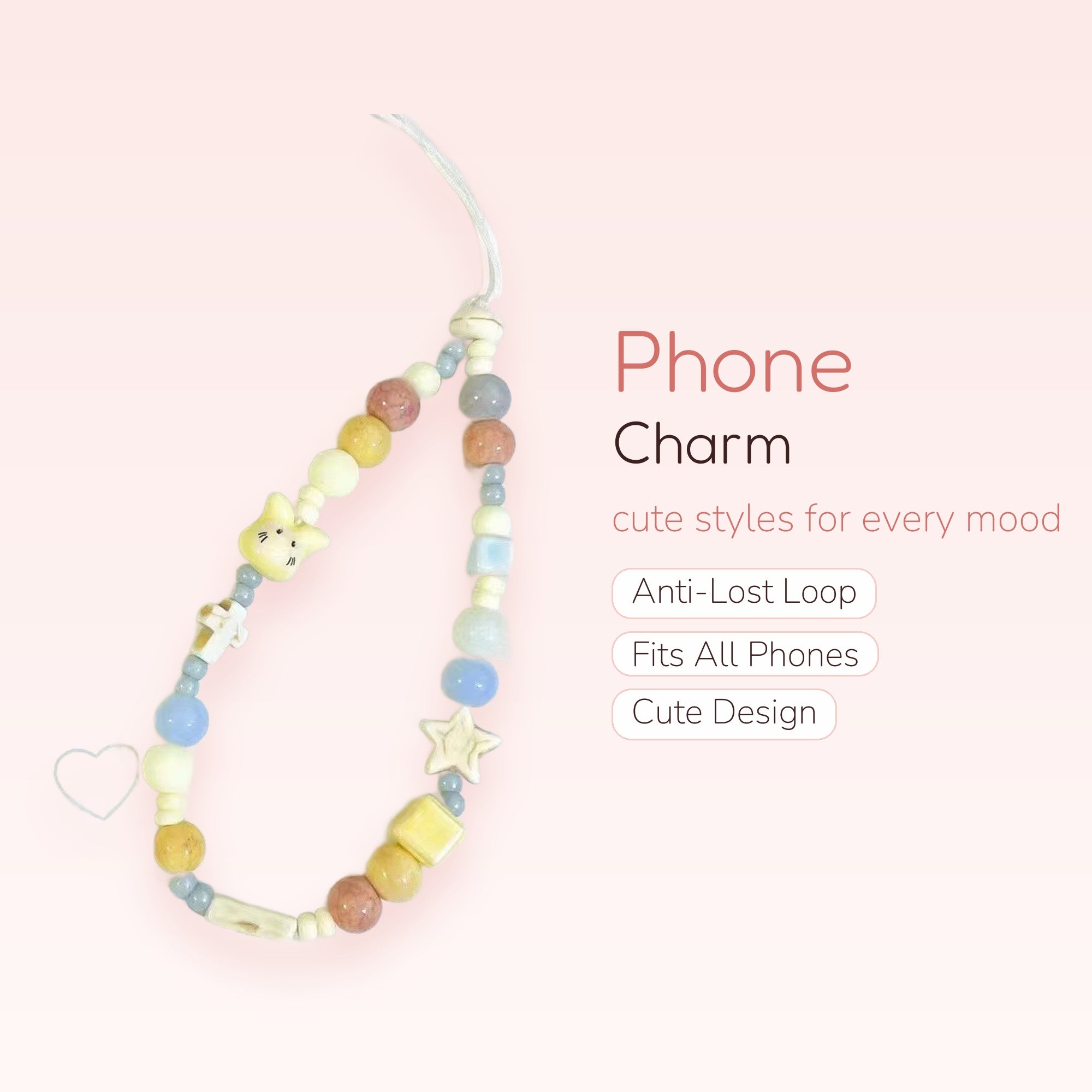 Kawaii Pastel Beaded Phone Charm Strap with Bunny & Star Pendants | Cute Wrist Lanyard
