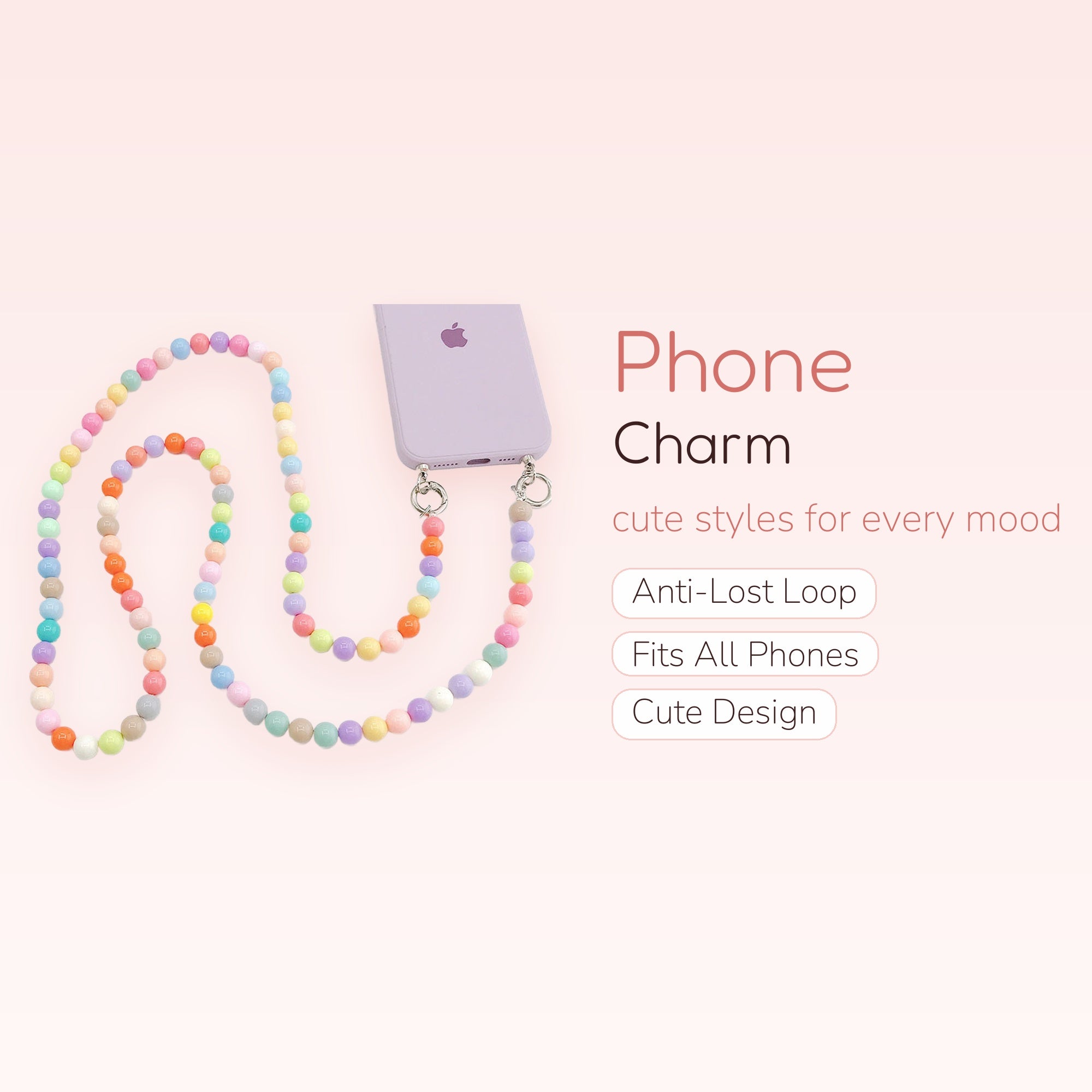 Pastel Rainbow Beaded Phone Charm Lanyard | Cute Silicone Bead Phone Strap